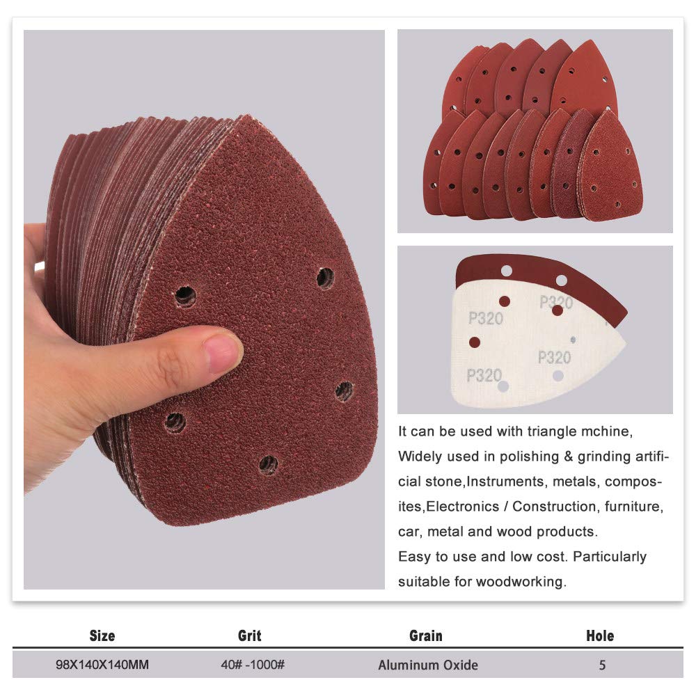 Mouse Detail Sander Pads, 140 * 98 mm 6Hole Sanding Sheets Triangle Red Sandpaper Hook & Loop 40-1000 Grits Abrasive Disc(20 Pcs)