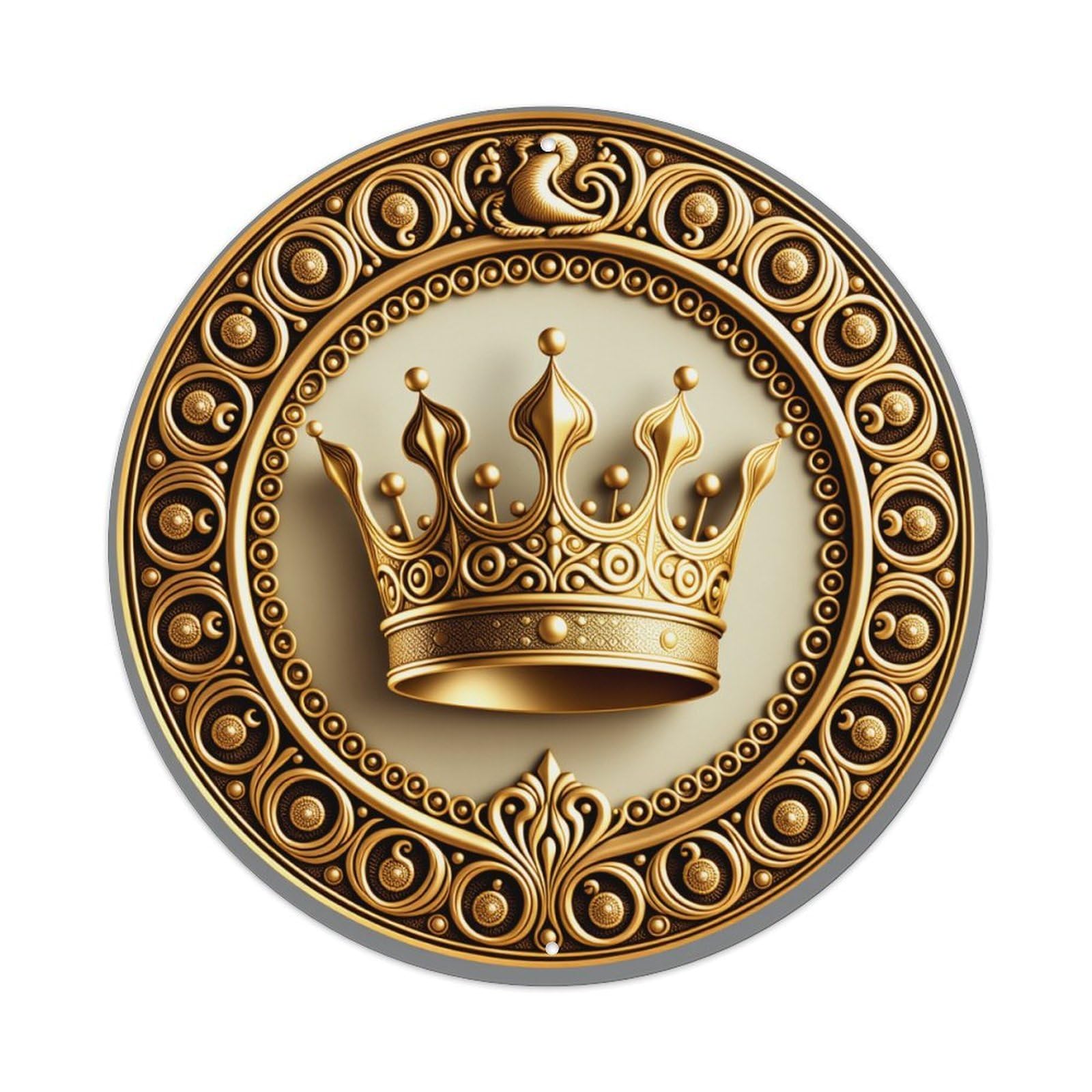 Golden Crown Ornate Circular Design Round Tin Sign Vintage Style Metal Sign Home Bar Garden Wall Plaque Decor Metal Poster 8x8 Inch