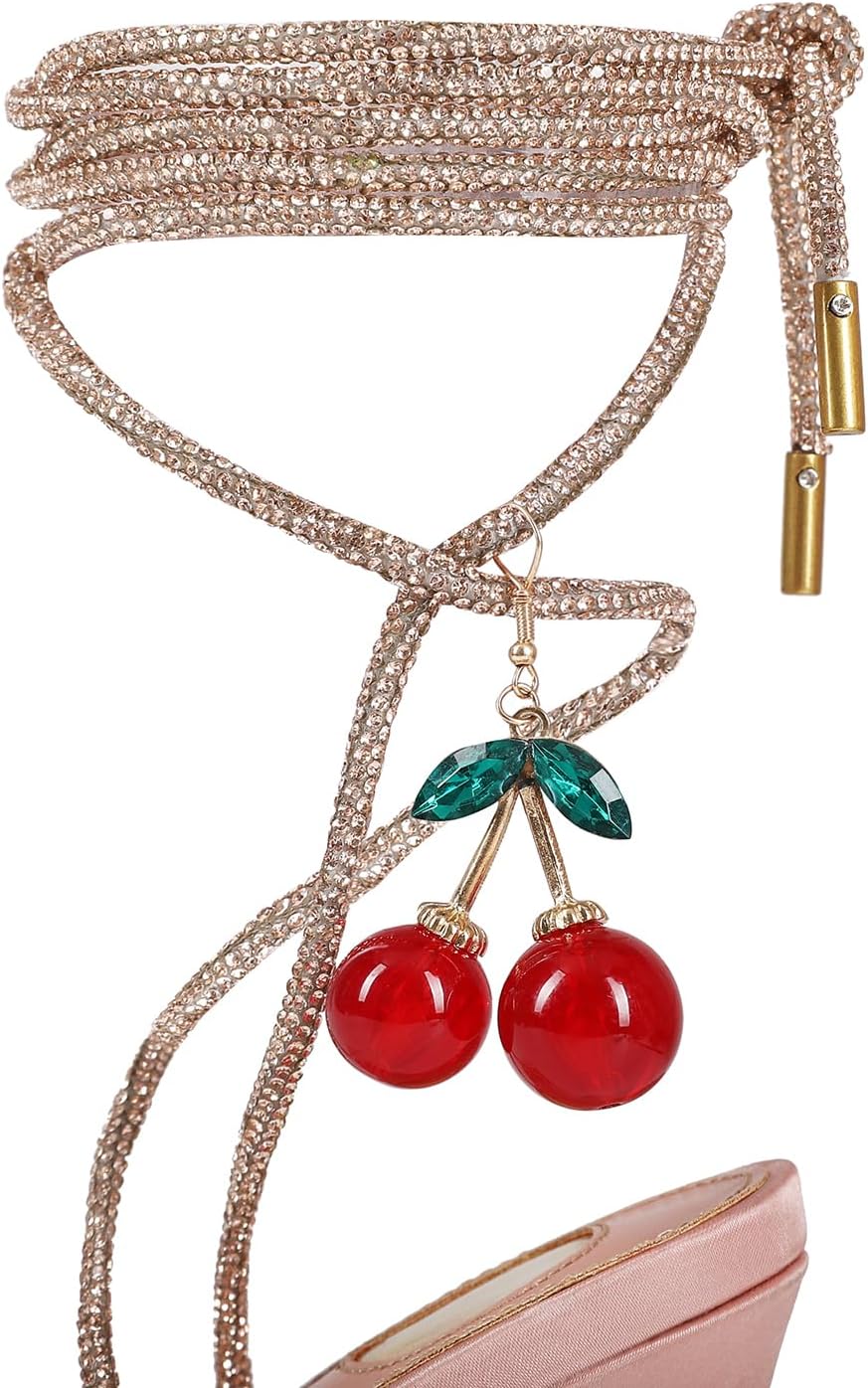 Women’s Strappy Lace Up Stiletto Heels Pointed Toe Satin High Heel Sandals Rhinestone Wrap Around Ankle Tie with Cherry Charm Party Wedding Shoes