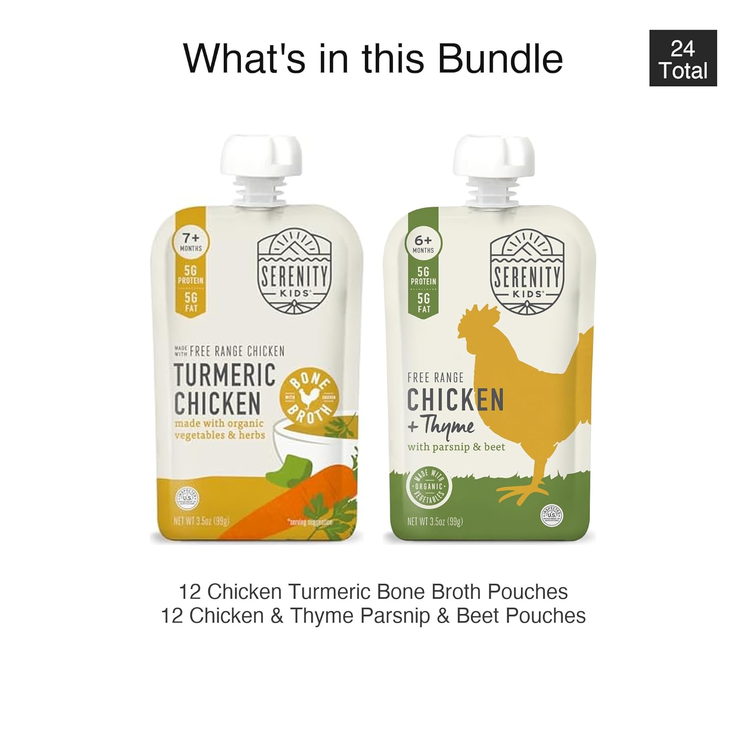 Serenity Kids Free Range Chicken Baby Food Pouches Variety Bundle - Turmeric Bone Broth & Thyme Veggie Blend - 5g Protein Toddler Snacks - 3.5 Oz, Pack of 24, 6+ Months