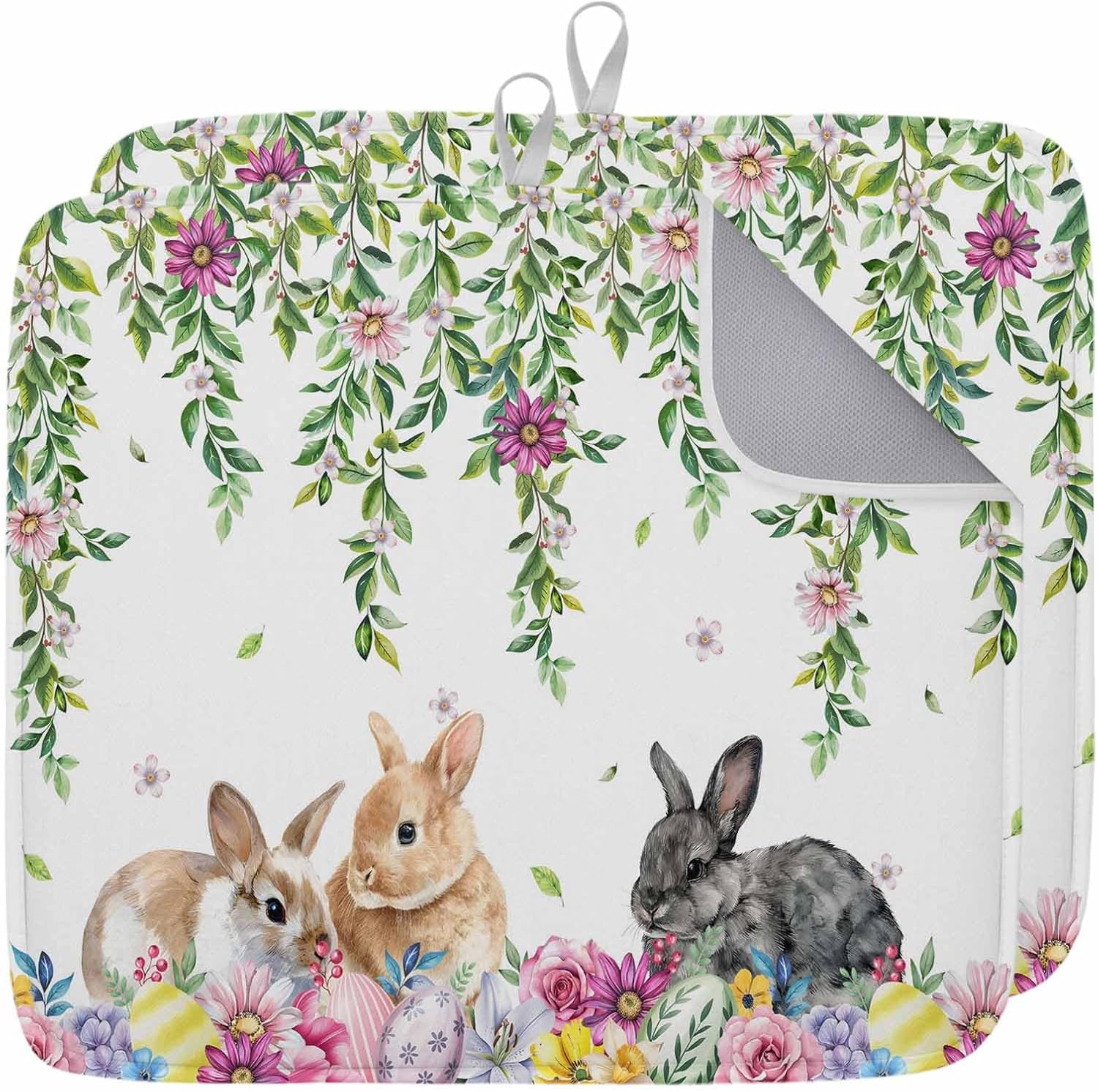 Easter Rabbits Dish Drying Mat for Kitchen Counter Daisy Rose Yellow Flower Color Egg Green Leaf Spring Super Absorbent Microfiber Coffee Bar Mat Washable Dish Drainer Rack Mat, 2 Pack, 16" x 18"