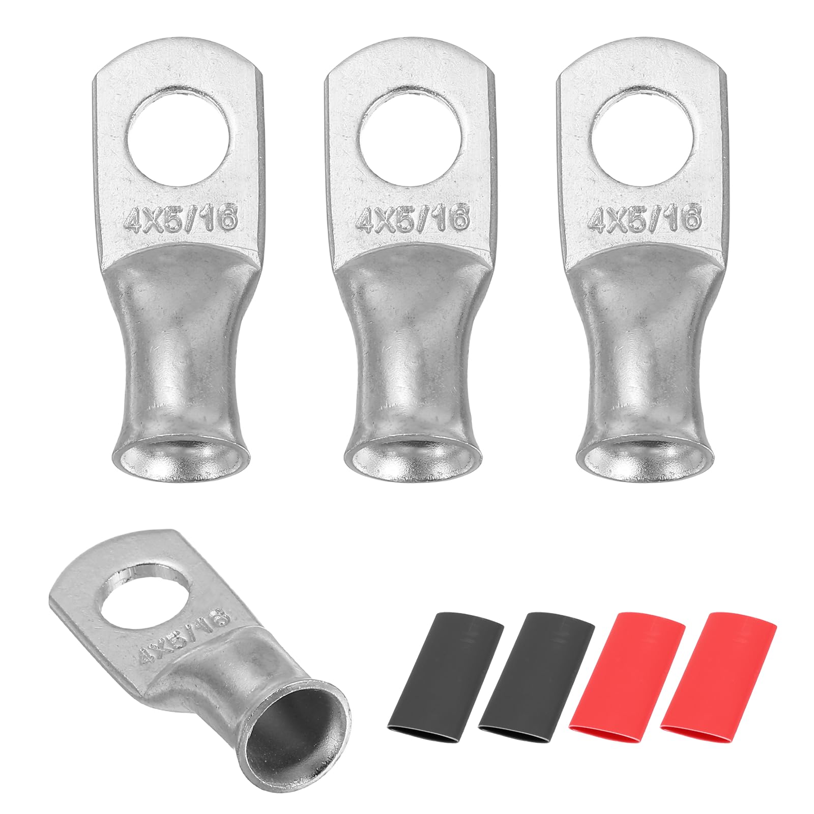 sourcing map 4pcs 4 AWG M8 Battery Lugs Ring Terminals, 5/16" 8mm Stud Crimp Wire Terminal Connector End Copper, 2:1 Heat Shrink Tubing, Silver
