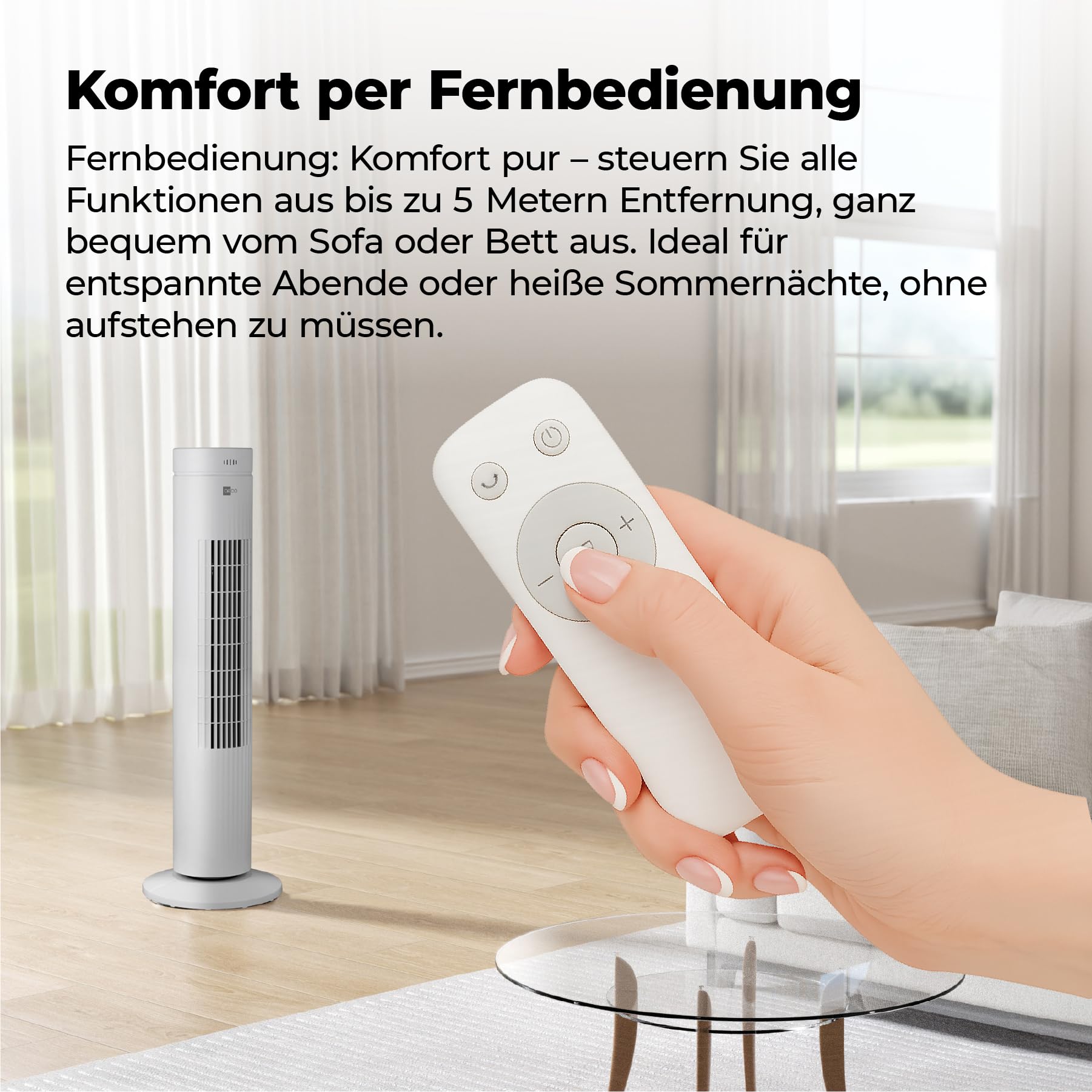 aeco AirX SPIN Turmventilator mit Fernbedienung, 76 cm Höhe, 60° oszillierender Ventilator mit Timerfunktion (7H), 3 Geschwindigkeiten, Power-Off-Funktion, leise für Schlafzimmer und Büro, Weiß