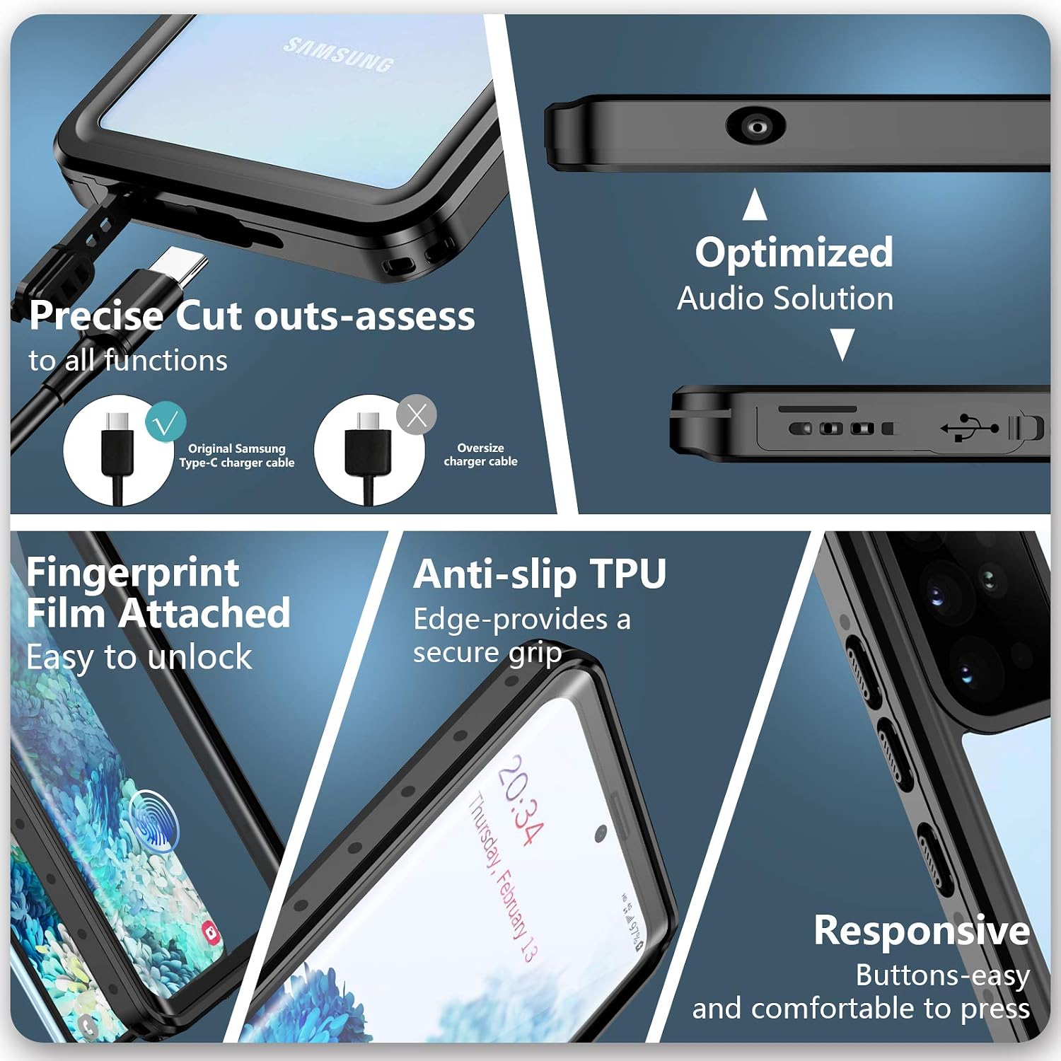 SPIDERCASE for Samsung Galaxy S20 Plus Waterproof Case, Built-in Screen Protector Fingerprint Unlock with Film, Shockproof Full Cover Waterproof Case for Samsung Galaxy S20 Plus 5G 6.7”, Black/Clear