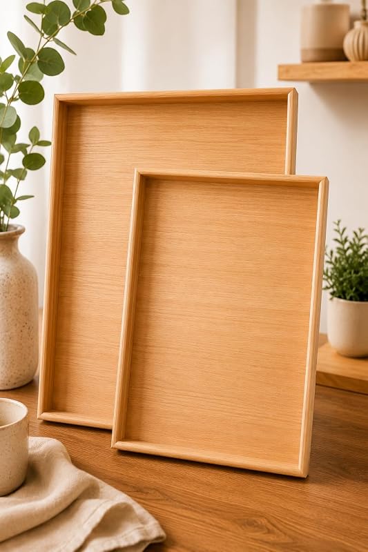 Conjunto 2 Bandejas Retangulares em MDF Cor Madeira | Bandeja Grande 40x30cm e Pequena 35x25cm | Para Servir, Organizar e Decorar Sala, Cozinha, Banheiro e Escritório