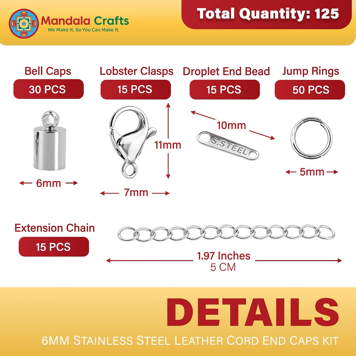 Mandala Crafts Stainless Steel Leather Cord End Caps for Jewelry Making, Tassel Caps, 6mm 125 PCs Cylinder Cord Ends, Kumihimo Supplies and Jewelry Findings