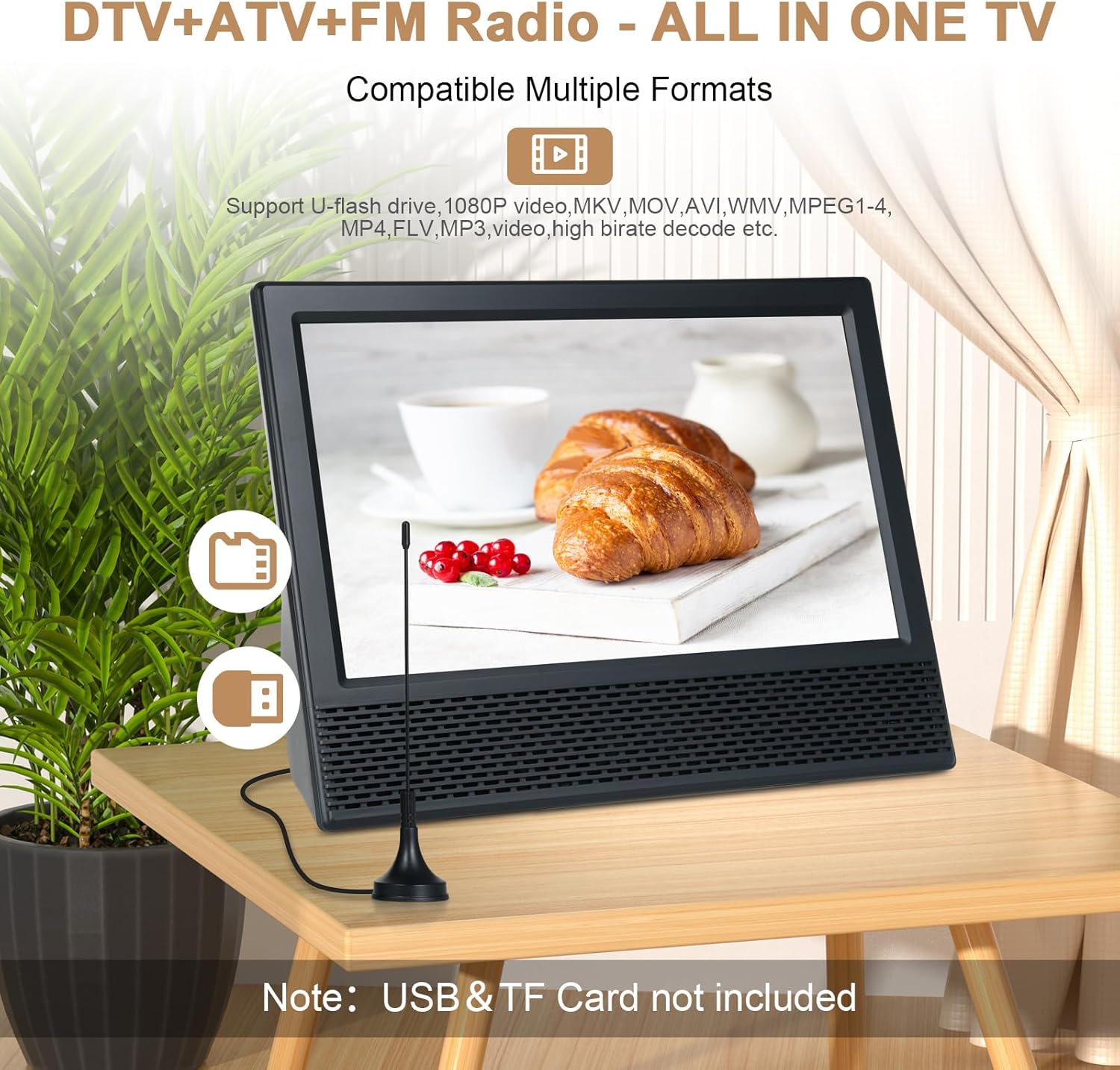 Docooler 14 inch Portable TV with Antenna, ATSC Digital TV Player with Remote Control, Mini Portable Car TV Television with Built-in 8800mAh Battery for Campervan, Camping, Outdoor, Car, Kitchen