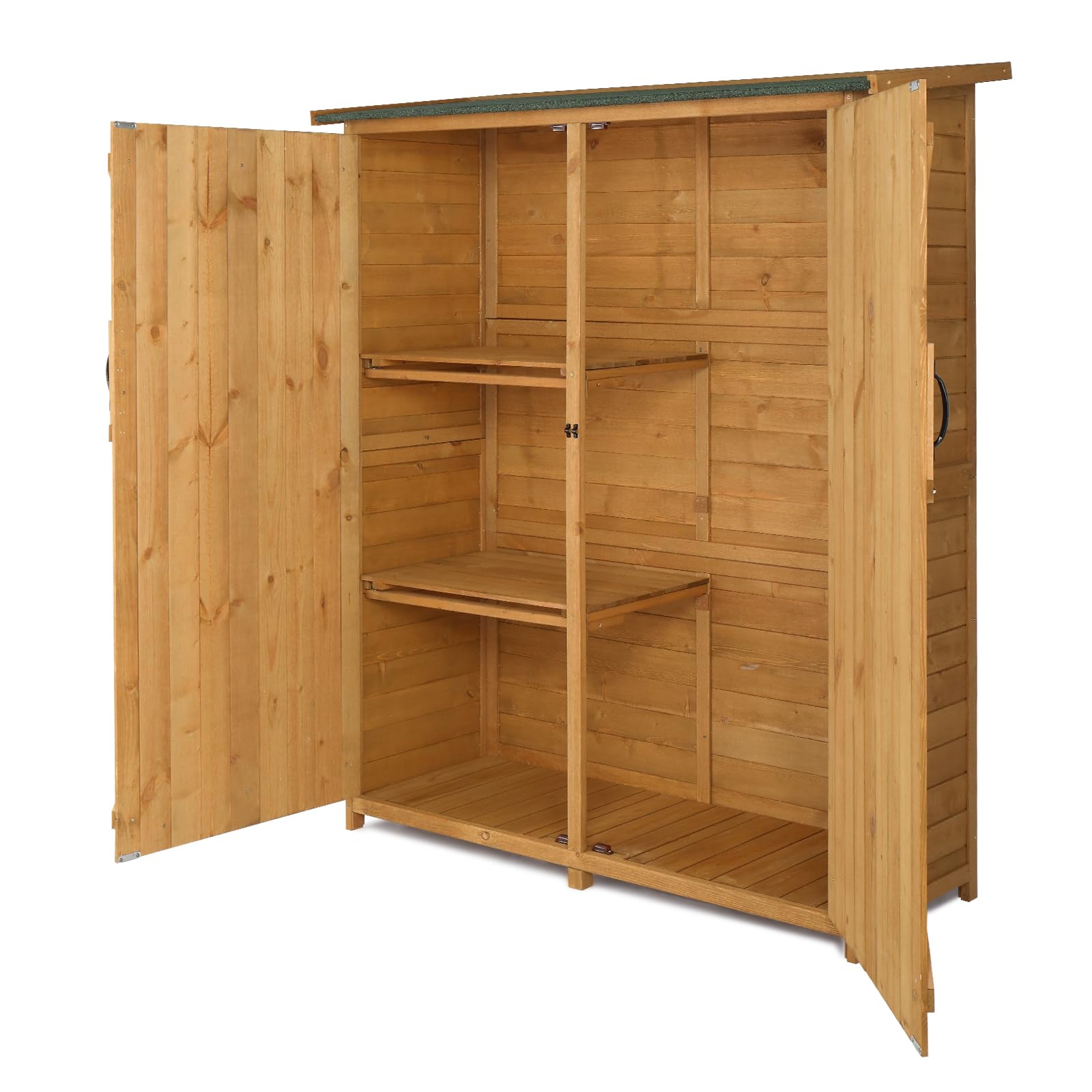 Outvita Outdoor Storage Cabinet with Waterproof Roof, Double Lockable Doors Garden Shed with 2 Removable Shelves, Wooden Storage Shed with Large Storage Space for Yard Garge Patio Deck Porch（Natural）