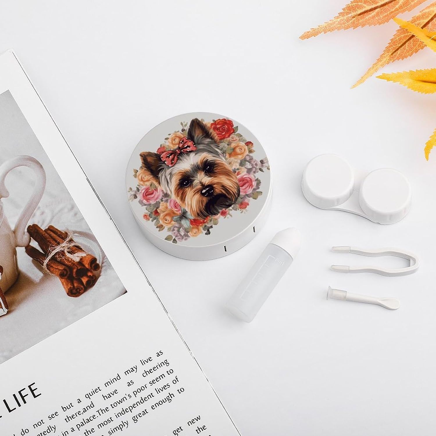 Yorkie Floral Contact Lens Case Portable Contact Lens Applicator Removal Tool Kit Cute Round Eyeglass Cases with Mirror for Daily Vision Care And Outdoor Use
