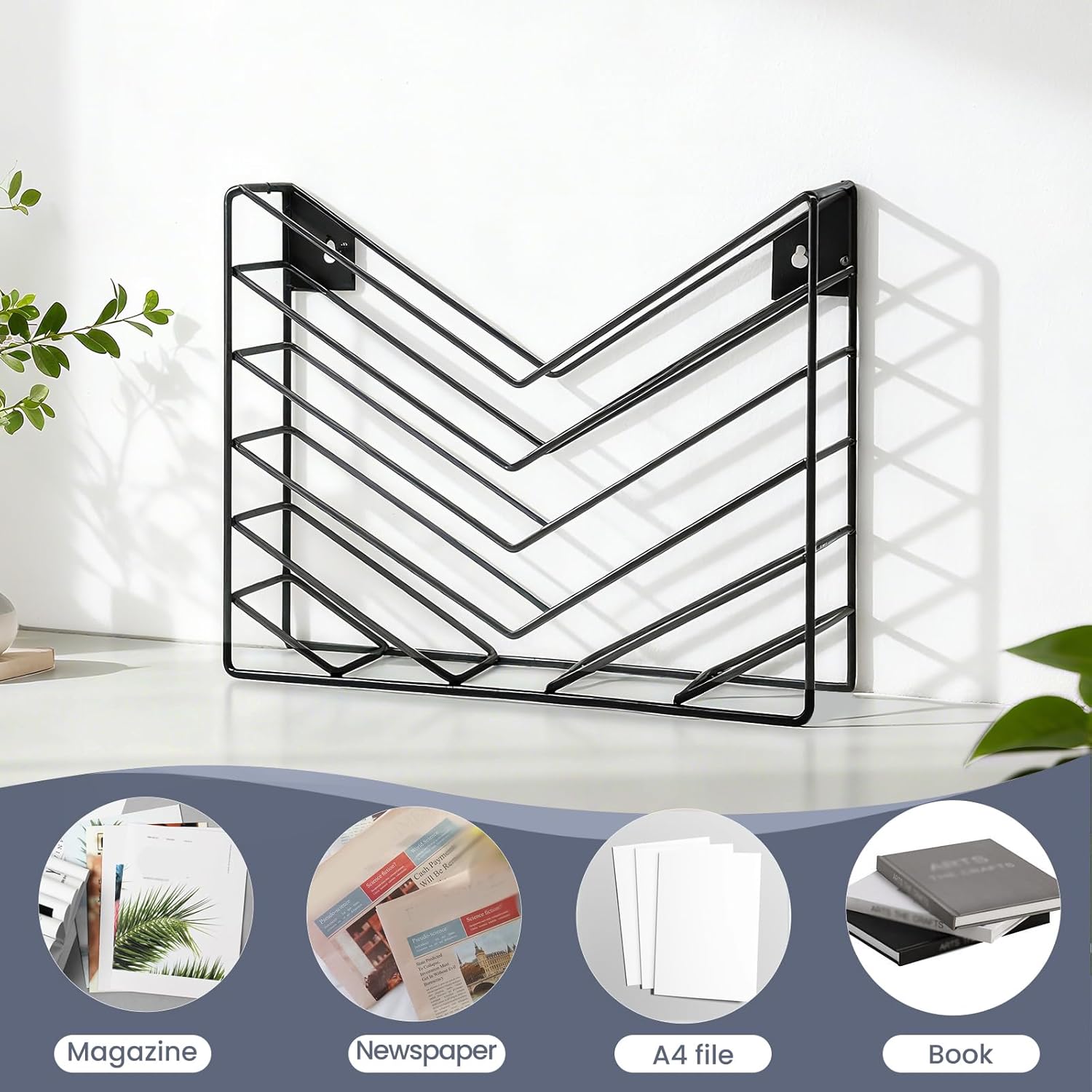 ZAYHENHYOO Wall Mounted Magzine Organizer, Wall Mounted Magazine Holder Metal for Hanging And Desktop Stand, Hanging Wall File Bracket for Home, Office Storage (2P Black)
