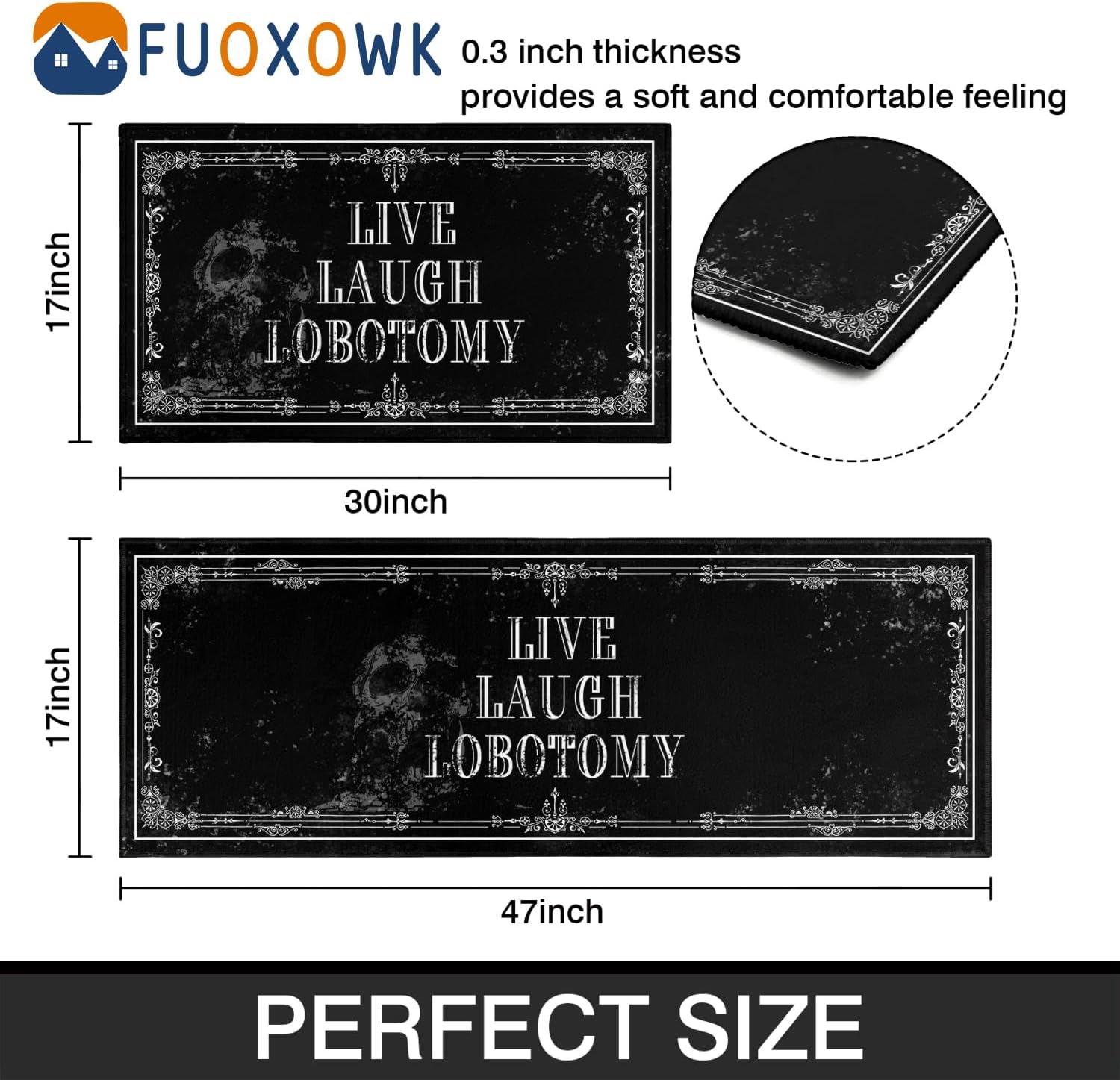 Goth Kitchen Mat Set of 2 - Non Slip Halloween Spooky Kitchen Rugs Black Goth Rug Skull Witchy Rug for Home Kitchen - Live Laugh Lobotomy Sign - Halloween Gothic Kitchen Decor Accessories