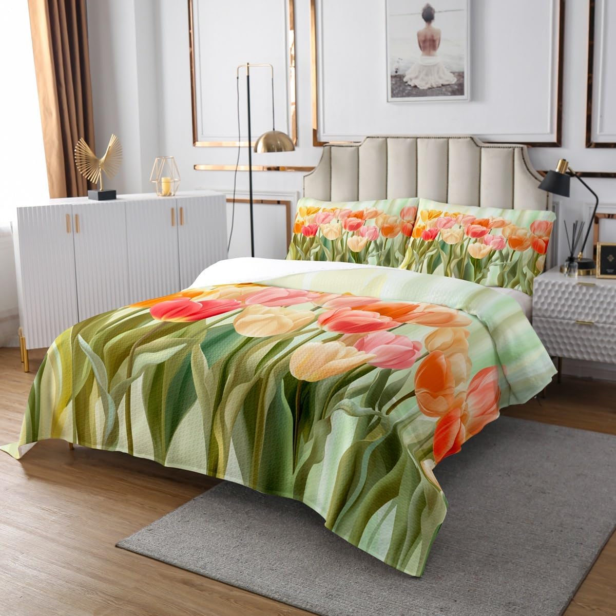 Erosebridal Pastel Bedspread Sets King Tulips Flower Coverlet Sets Fresh Spring Floral Quilt Set Colorful Tulips Romantic Aesthetic Plants Bed Set for Kids Boys Girls