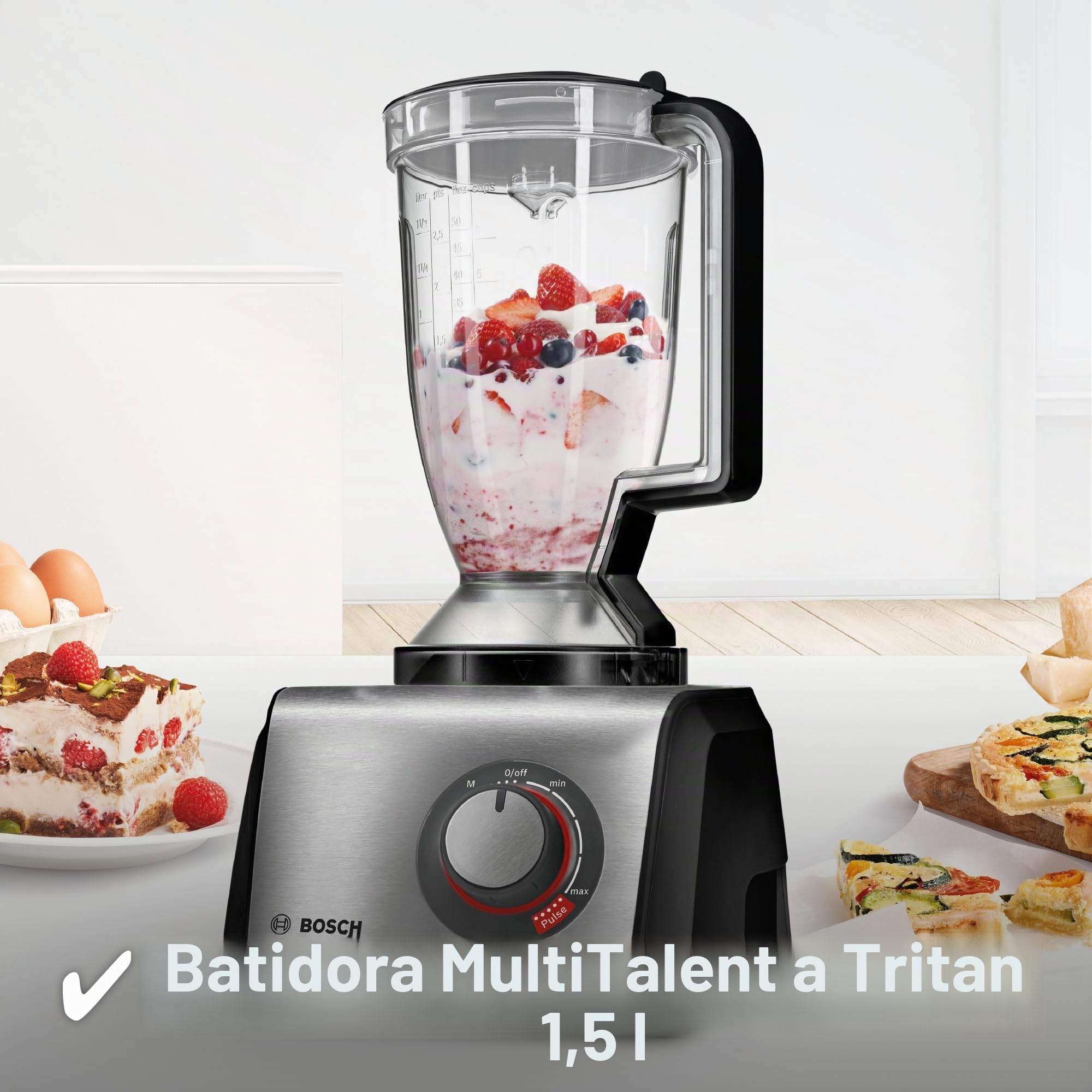 Bosch MultiTalent 8 MC812W501 - Robot de cocina compacto (3,9 L, batidora de 1,5 L, cuchillo universal, disco para rallar, disco reversible, disco para tortitas, 1000 W), color blanco