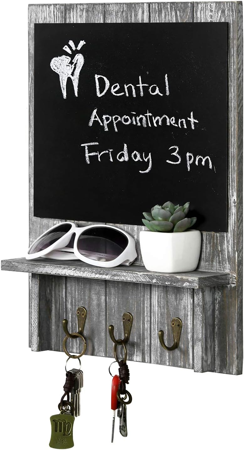 MyGift Wall Mounted Rustic Gray Wood Entryway Key Holder Organizer Rack with Chalkboard, Storage Display Shelf and 3 Hooks