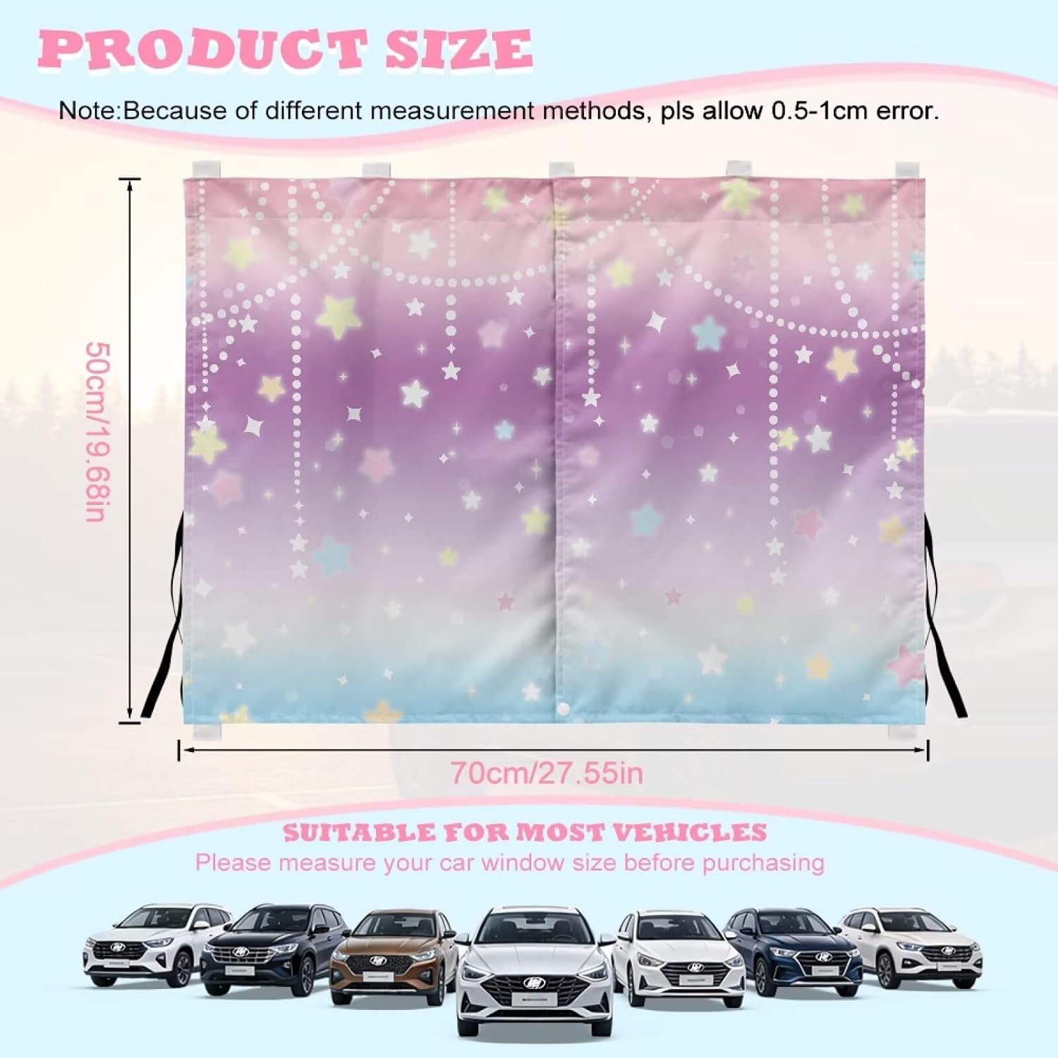 Binienty Rainbo Stars Print Car Window Shade for Back Seat Privacy, Blackout and See-Through Modes for Kids Naps Travel, Cute Car Accessories 2 Pack