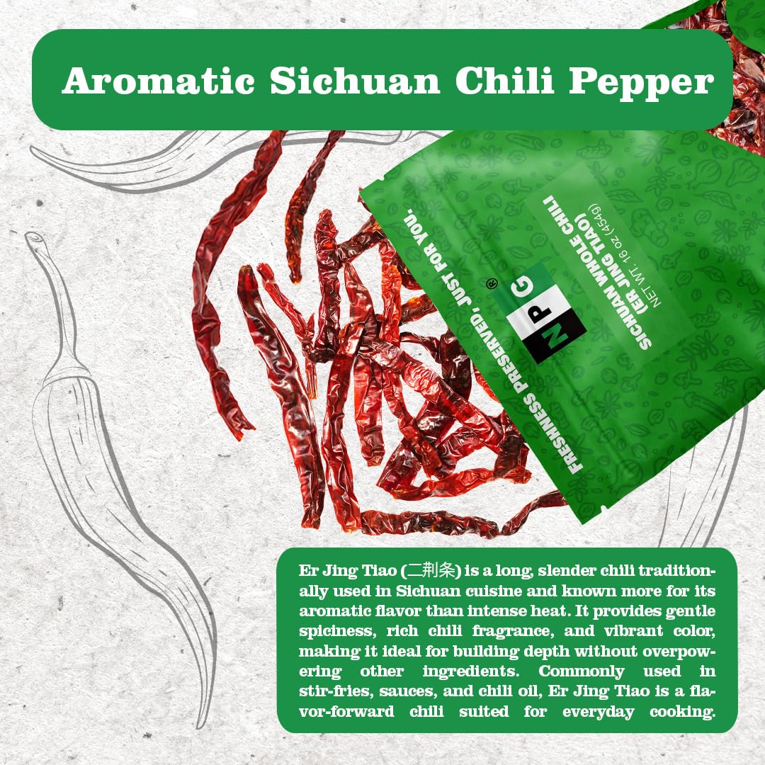 NPG Dried Whole Er Jing Tiao Sichuan Chili Peppers 16 OZ (1 LB), Premium Sichuan Er Jing Tiao, 二荆条 Dried Red Chilies, Perfect for Chili Oil, Paste, Sauces, Used in Traditional Chinese Spicy Dishes