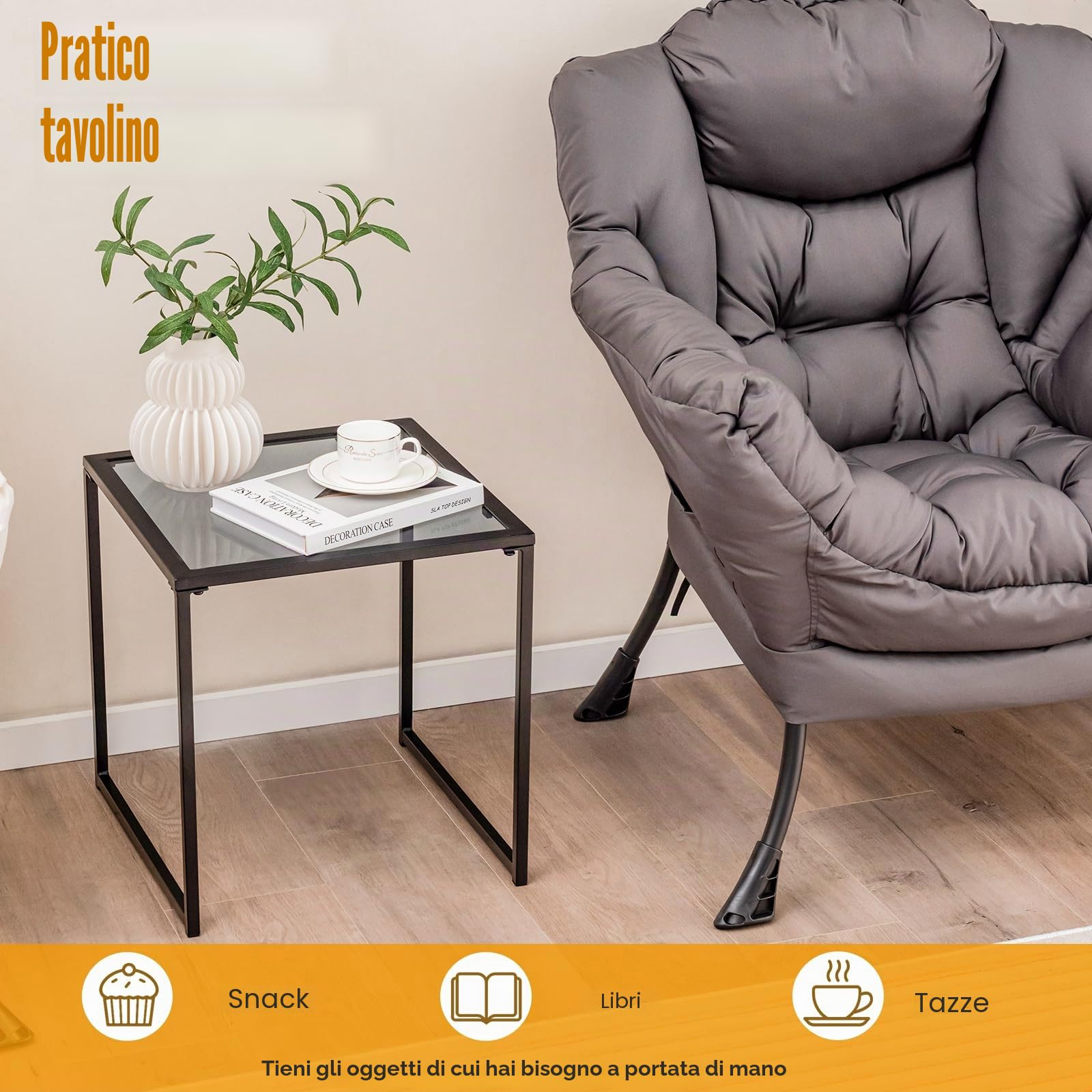 KOMFOTTEU Tavolino da esterno con piano in vetro temperato, tavolo basso, telaio in metallo, carico di 30 kg, tavolo laterale per patio, balcone, soggiorno, 43 x 43 x 45 cm, nero