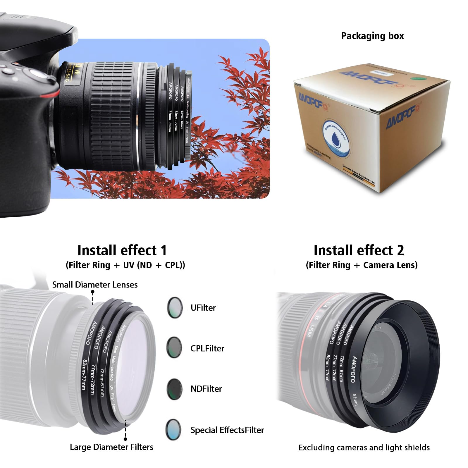 9 Stück 82-77mm/77-72mm/72-67mm/67-62mm/62-58mm/58-55mm/55-52mm/52-49mm/49-40.5mm Filterring Adapter-Set,Objektivfilter Step Down Ring kompatibel Alle Marken UV ND CPL