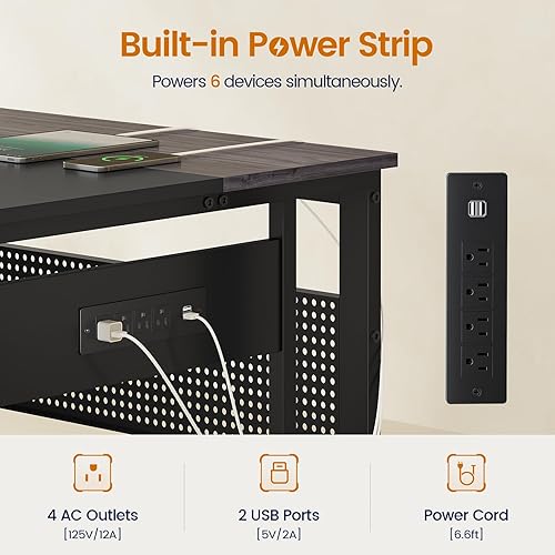 Miniatura 4 de Escritorio ejecutivo de 71 pulgadas con tomas de corriente, escritorio reversible en forma de L para computadora con cajones de archivos y estantes