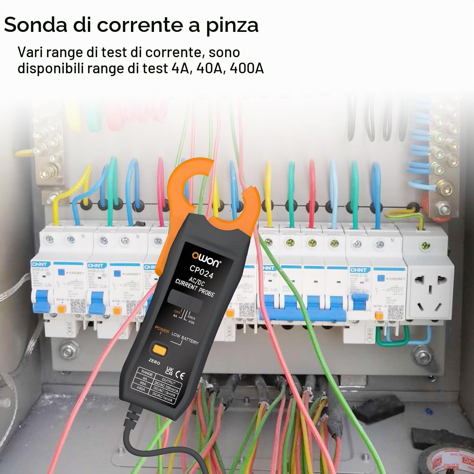 OWON CP024 Sonda a pinza amperometrica AC/DC per oscilloscopio, pinza amperometrica per tester di corrente 200 KHz Larghezza di banda 1 mV/10 mA 400 A Correzione dello zero relativo con connettore BNC