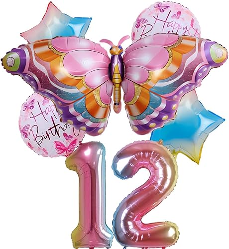 Globos de mariposa para decoración de cumpleaños número 12 para niñas, suministros de fiesta de cumpleaños de mariposa, suministros de fiesta de