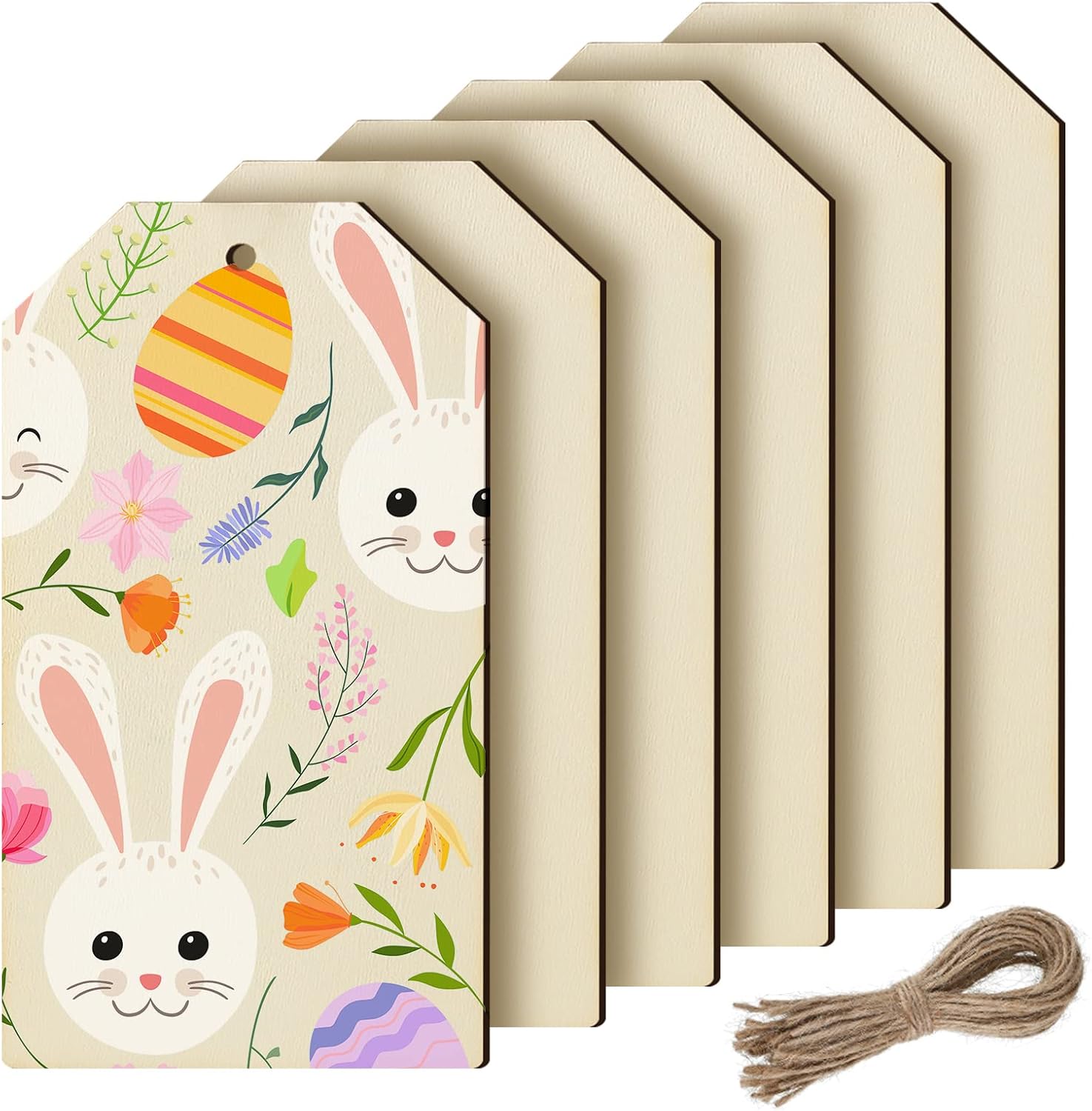 6 Pcs Easter Large Wooden Tags Unfinished Blank Wood Sign for Crafts with Holes Wood Tag Gift Slices Predrilled Natural Cutouts Tree Hanging Tag with Rope for DIY Decor(9.8 x 5.5 Inch)