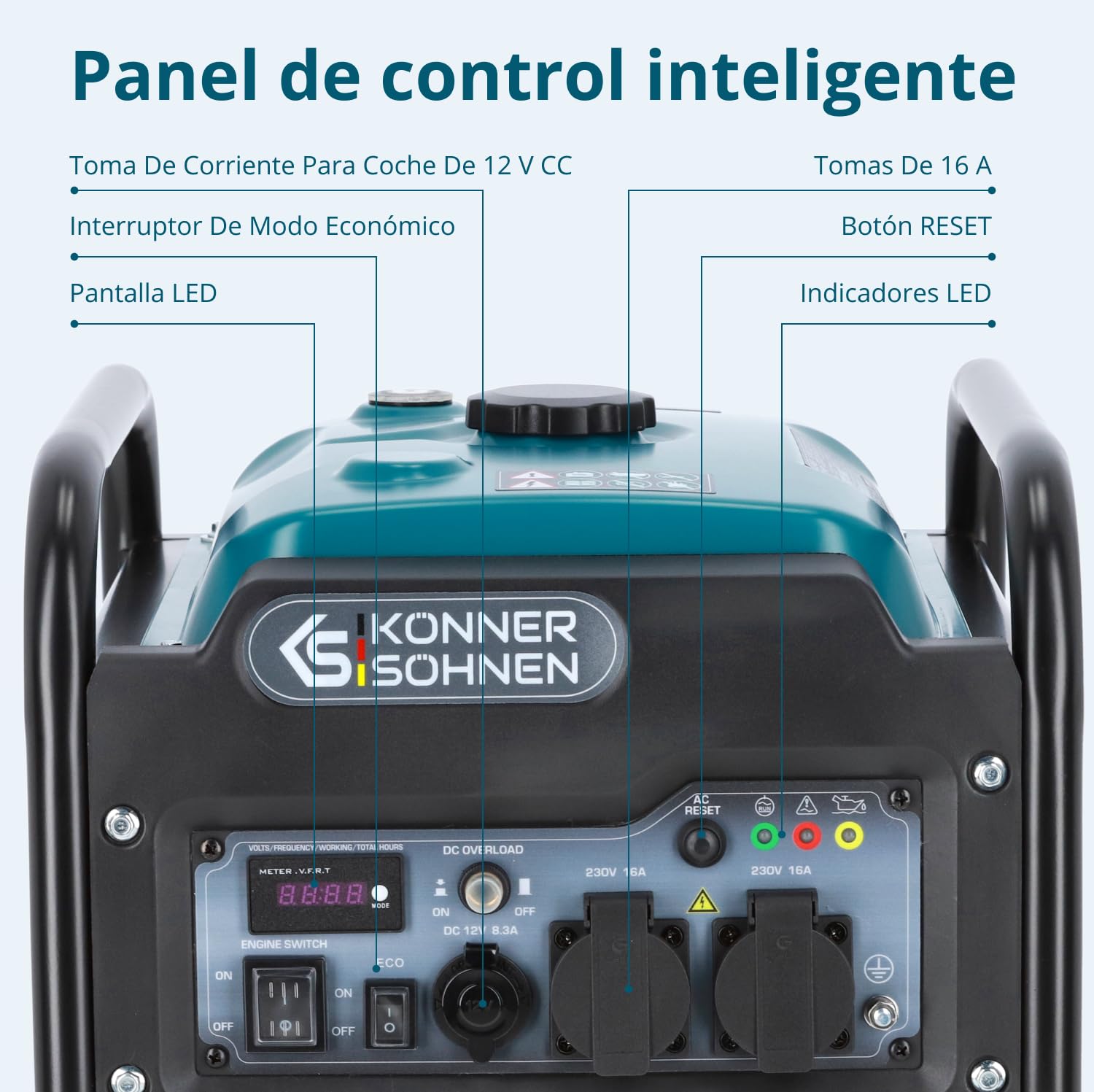 Könner & Söhnen Generador inverter KS 3300i de una potencia máxima de 3300W, 2x Schuko 230 V, pantalla LED, bobinado de cobre, protección ante sobrecargas y cortocircuitos, EURO 5