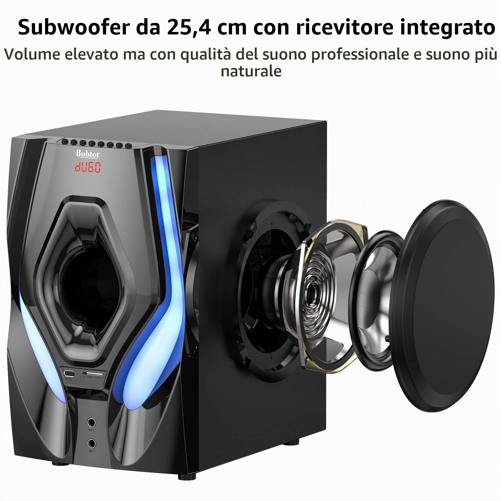 Bobtot Sistema home cinema con altoparlanti surround sound – 1200 Watt, subwoofer da 10 pollici, sistema audio 5.1 con ARC, ingresso Bluetooth ottico (adattatore da spina US a EU incluso nella