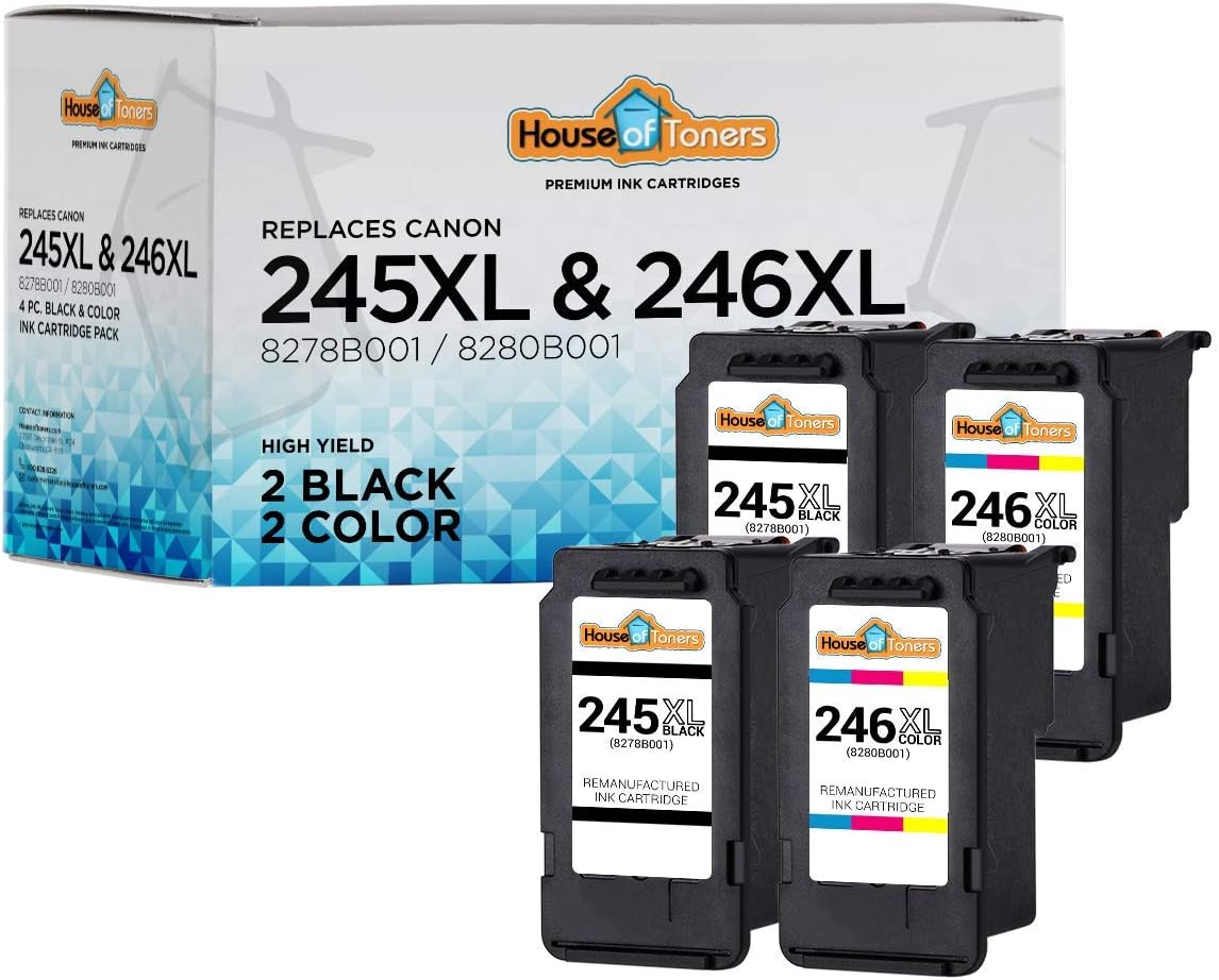 Houseoftoners Remanufactured Replacement for Canon PG-245XL Black and CL246XL Color Ink Cartridge Combo Pack Pixma iP280, MG2522, MG2525, MG2555, MG2920, MG2922-4-Pack (2-Black & 2-Color)