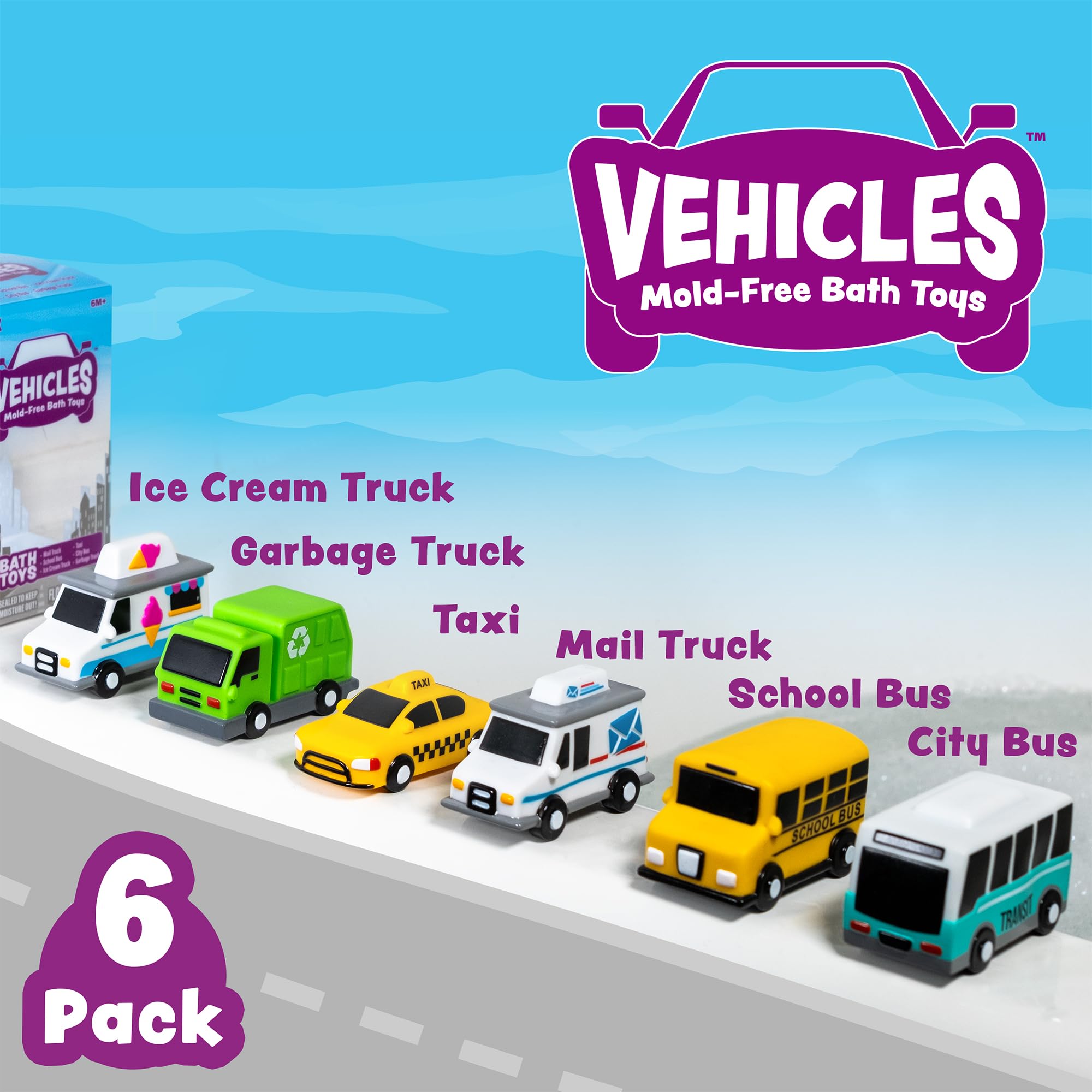 ® Vehicles™ - Juguetes de baño sin moho para coches de baño, paquete de 6, sellados, sin agujeros, diseño de juguetes de baño que mantiene la humedad fuera | Suave, exprimible y flota en el 3