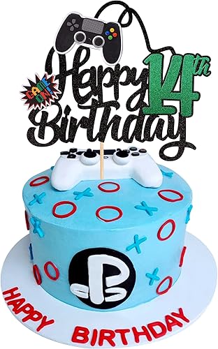 1 pieza de decoración de pastel de feliz cumpleaños 14 con purpurina para videojuegos, juego de selección de pasteles en controladores, catorce