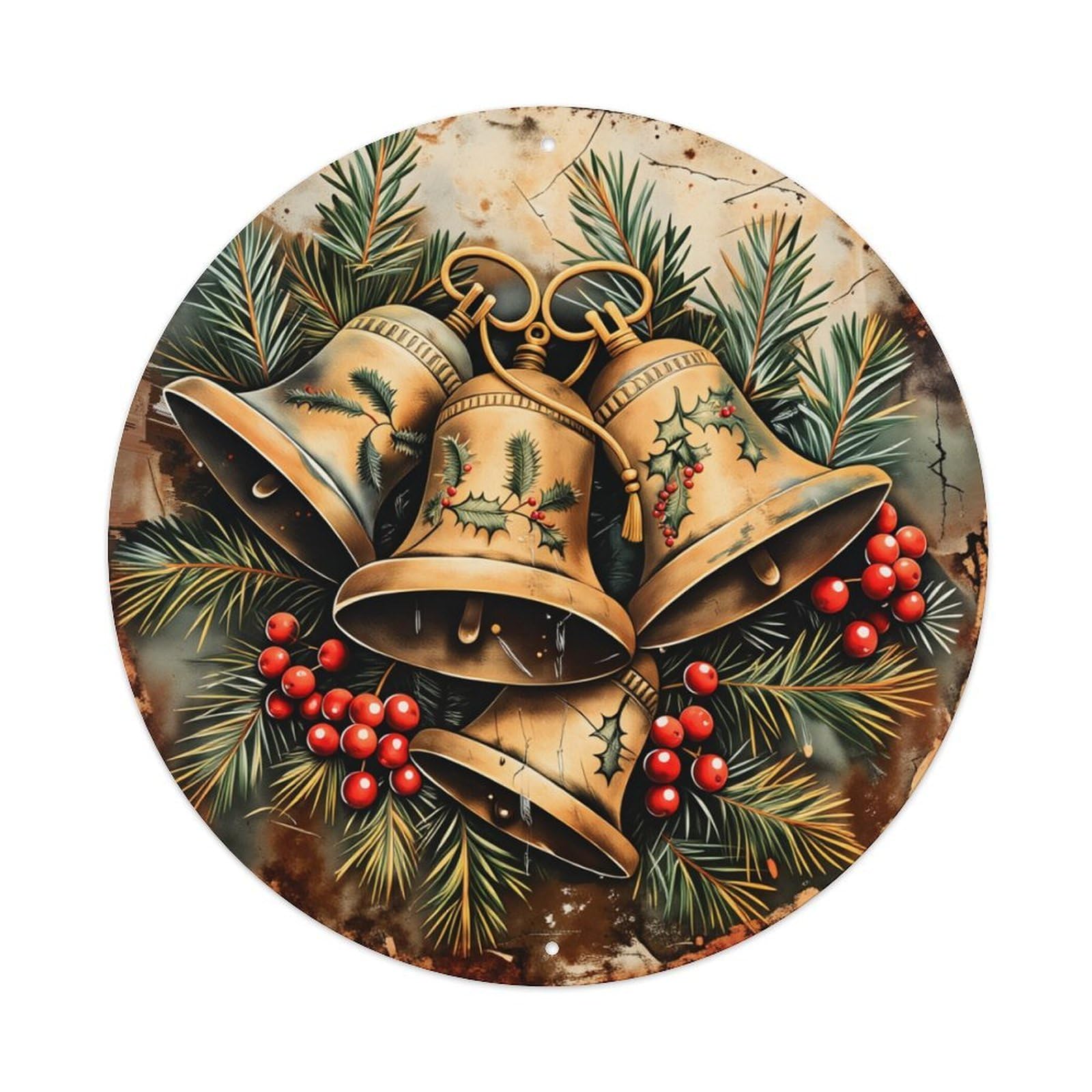 Christmas Bells Pine Berries Holly Round Tin Sign Retro Metal Sign for Cafe Bar Pub Home Game Room Gym Club Wall Decoration Vintage Metal Poster 8x8 Inch