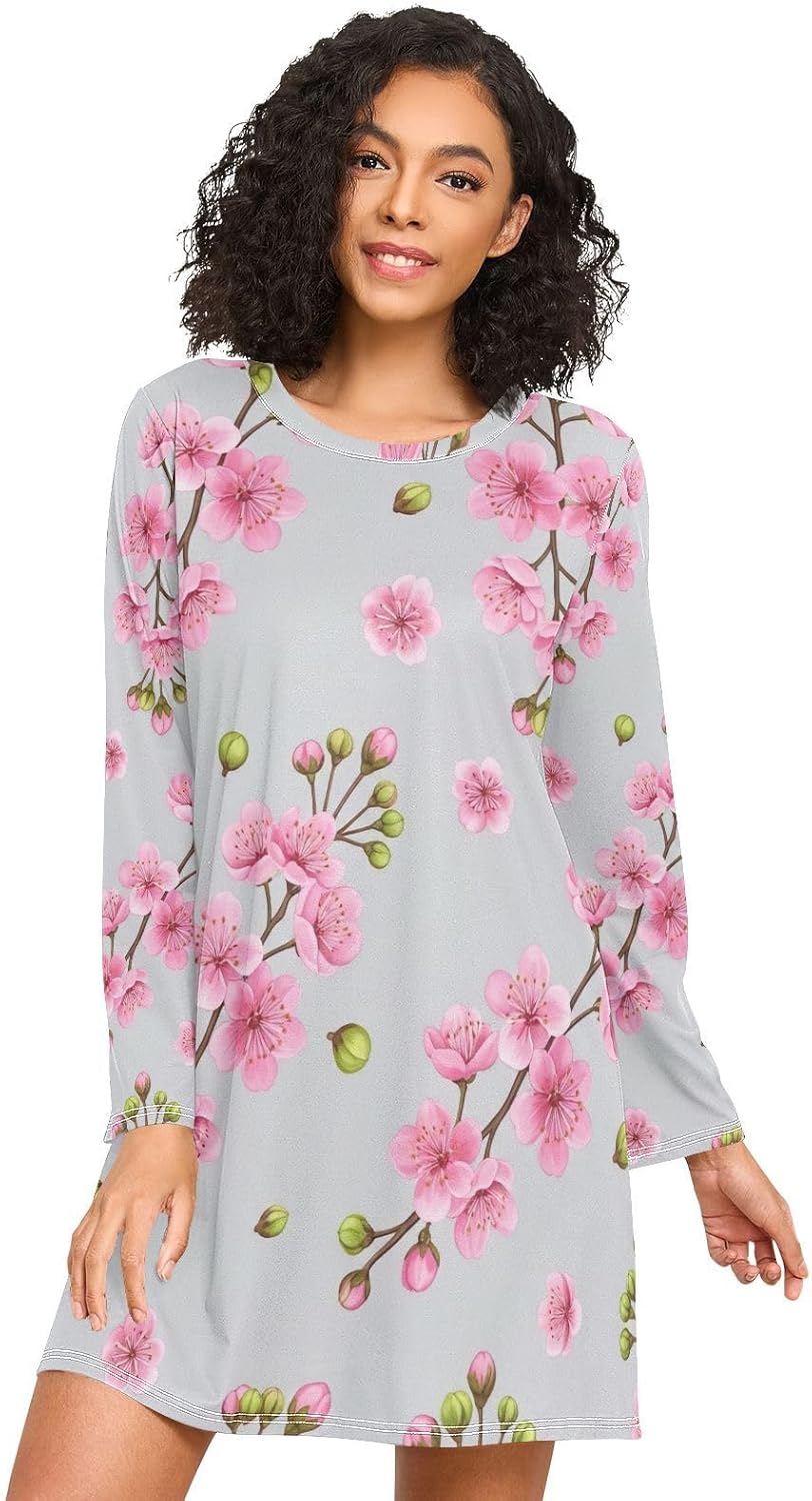 Pink Flowers Gray Long Sleeve Womens Sleepshirt, Cozy Crewneck Sleep Dress, Loose Nightgowns for Women