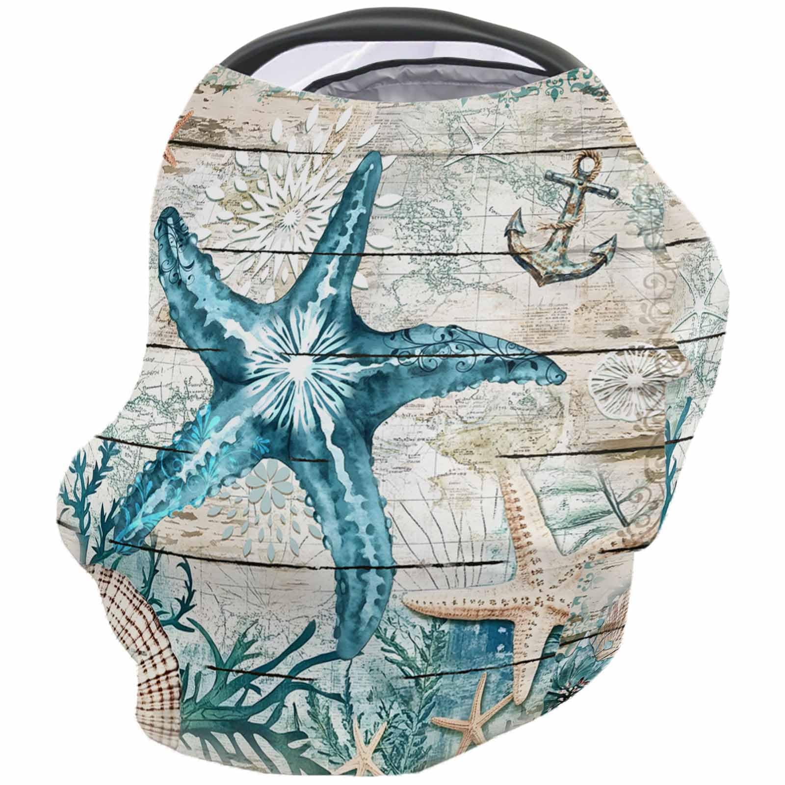 Teal Starfish Nautical Nursing Cover for Breastfeeding Scarf, Summer Ocean Retro Beige Wood Grain Baby Car Covers Super Soft Multi Use for Canopy Shopping Cart Cover Blanket Stroller Cover