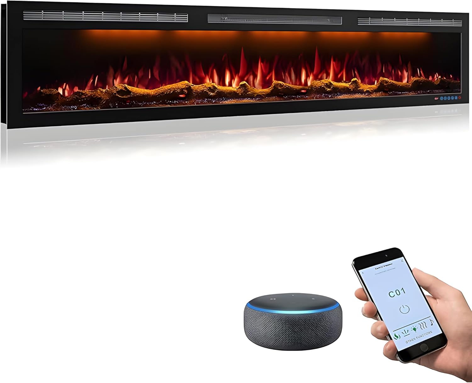 72 Inch WiFi-Enabled Electric Fireplace Inserts & Wall Mounted, Slim Electric Fireplace Heater, 750/1500w, Adjustable Flame Color, Remote Control & Touch Screen, Logs & Crystals, Black - Thumbnail 4