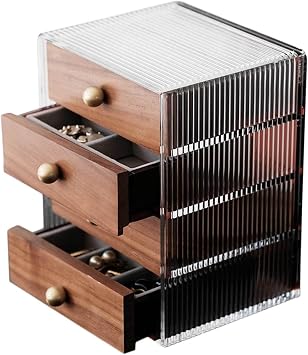 Walnut Wooden Makeup Organizer Women 4 Layer Drawer Organizer Box Storage Case with Clear Acrylic Top for Bedroom Bathroom Cloakroom Vanity House Apartment,Convenience and Tidiness,Home Decor