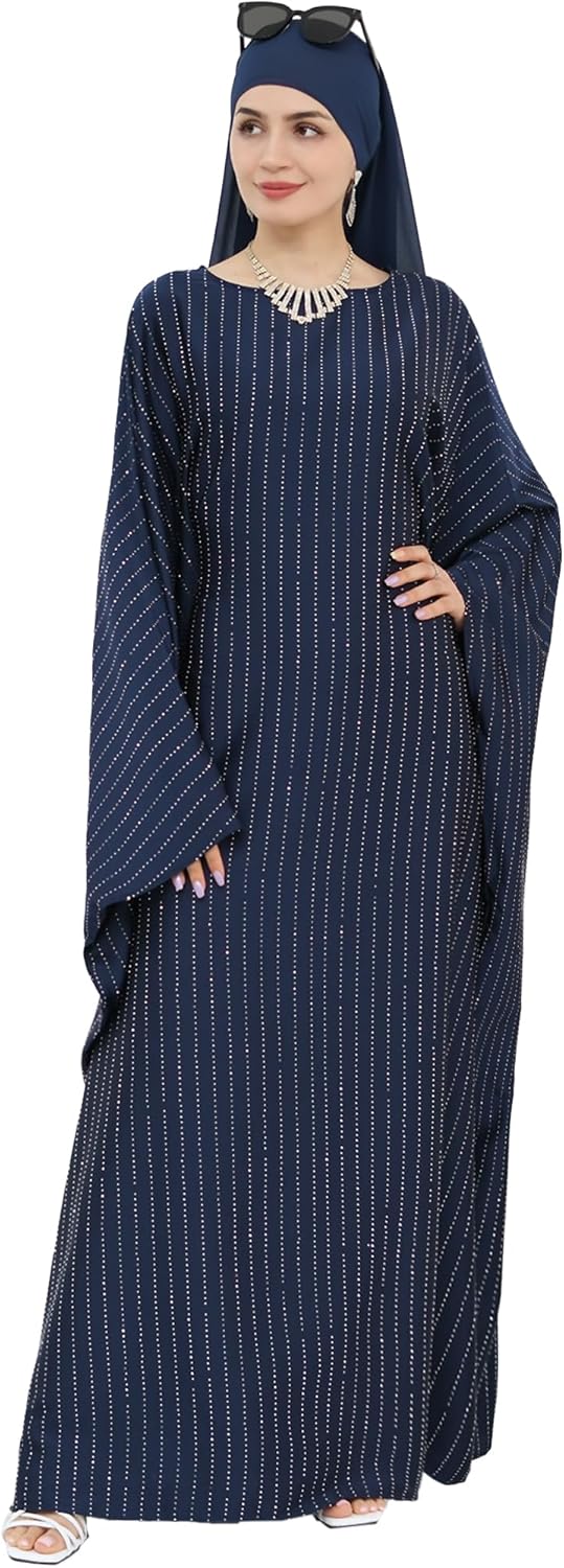Muslim Abaya Dress 1Piece Bat Sleeve Kaftan Robe Women Islamic Maxi Dress Rhinestone Jilbab Eid Shiny Abaya(No scarf)