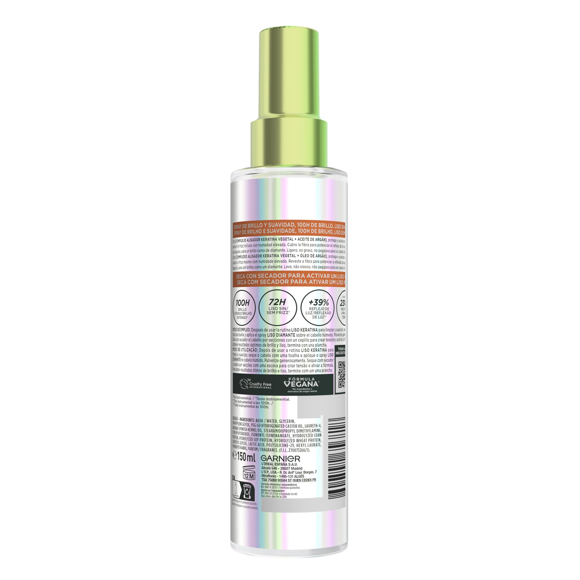 2 x Garnier Fructis Liso Diamante Spray de Brillo y Suavidad, 100H de Brillo Intenso*, Liso sin Frizz. Con complejo alisador de keratina vegetal y aceite de argán. Aprobado por Cruelty 150ml