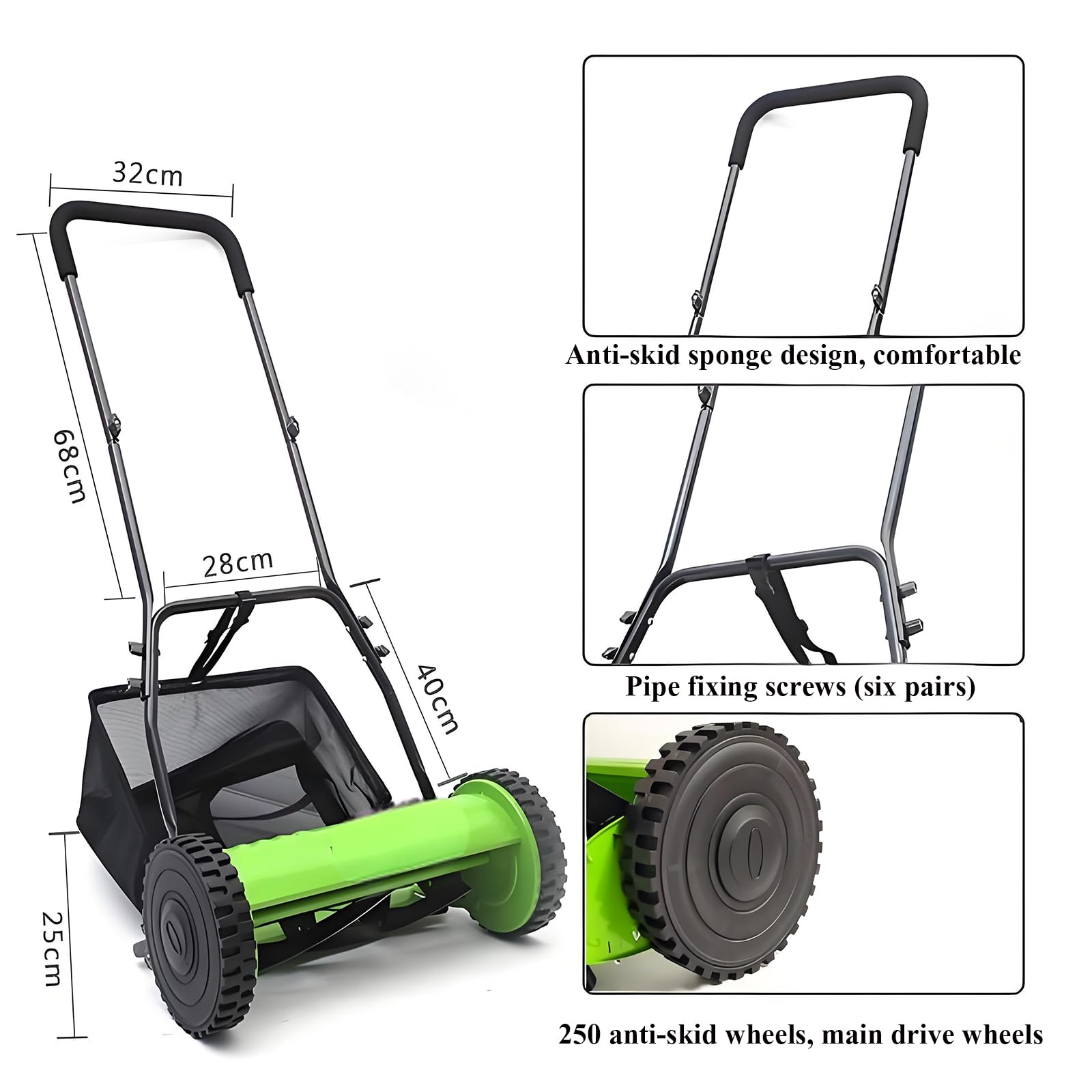 Cortacésped manual con altura de corte ajustable y bolsa de recogida, ideal para el cuidado del césped ecológico