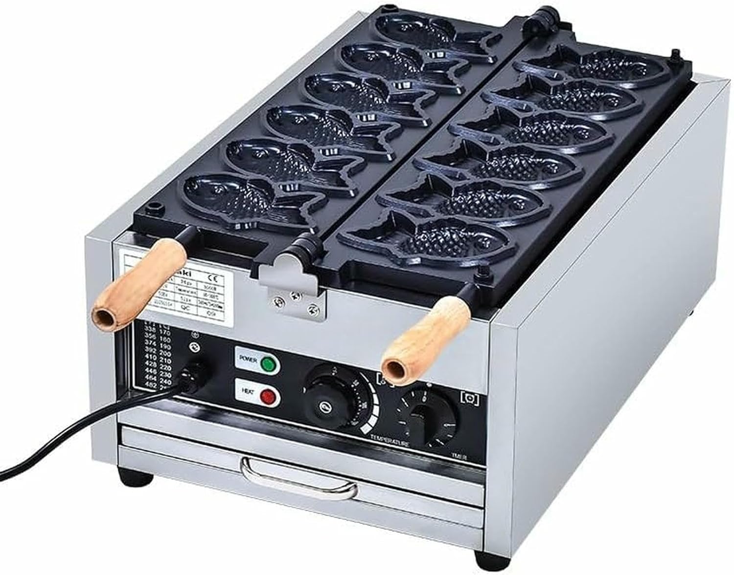 Commercial Fish Type Waffle Machine Commercial Use Jam or Ice Cream Waffle Maker/Stainless Steel Open-Mouth Fish Non-Stick Teflon Coating Taiyaki Maker/50-300℃/122-572℉ Adjustable