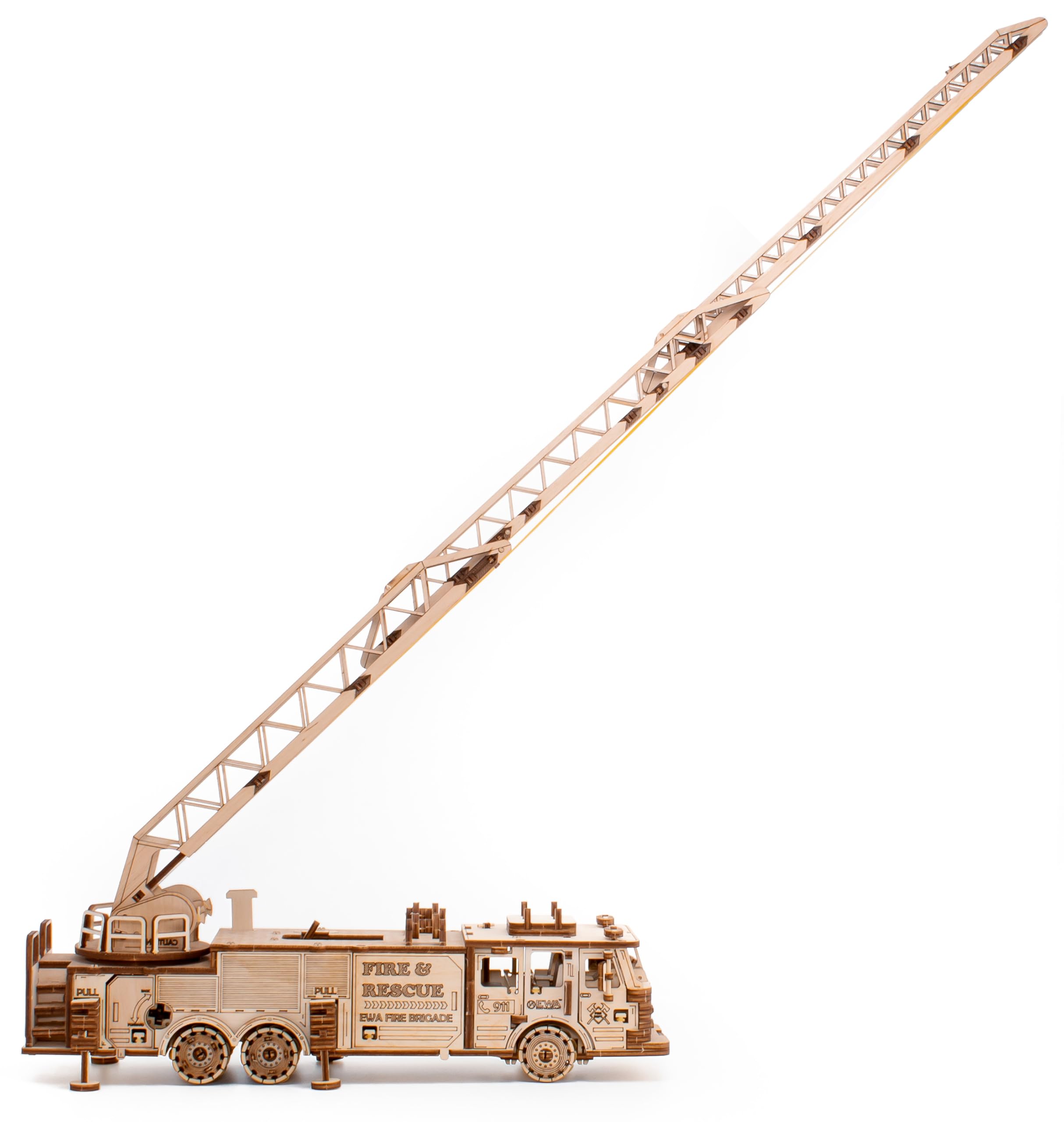 MAGICHOLZ – 3D Holzpuzzle Modellbau Feuerwehrauto LKW – Mechanischer Holzbausatz mit Aufziehmotor – 3D Puzzle Holz Modellbausatz Erwachsene – DIY Set, kein Kleber erforderlich