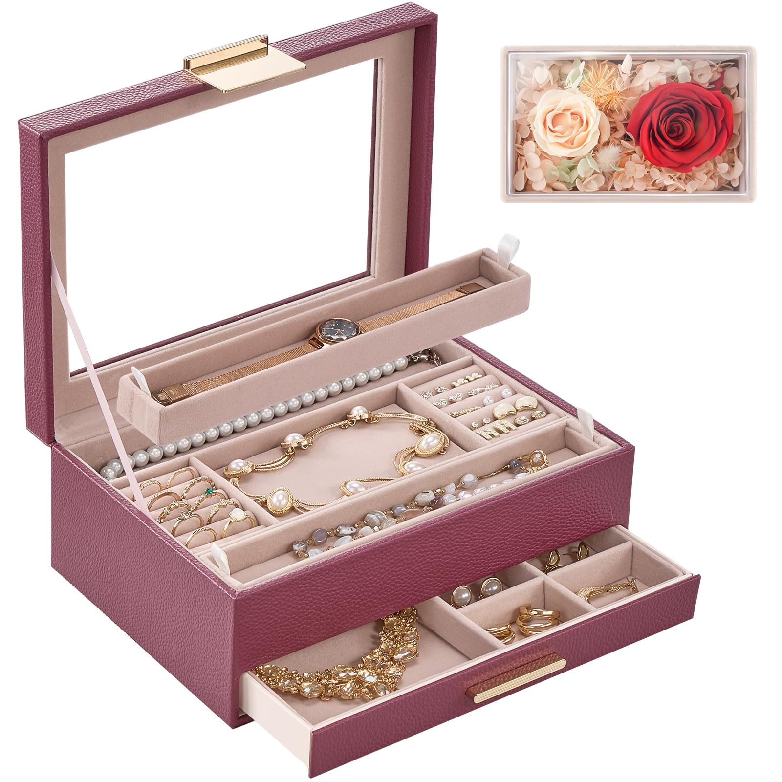 Lolalet Jewelry Organizer with Glass Lid 2-Layer Jewelry Box Case with Drawer Valentines Day Gift for Women Mom