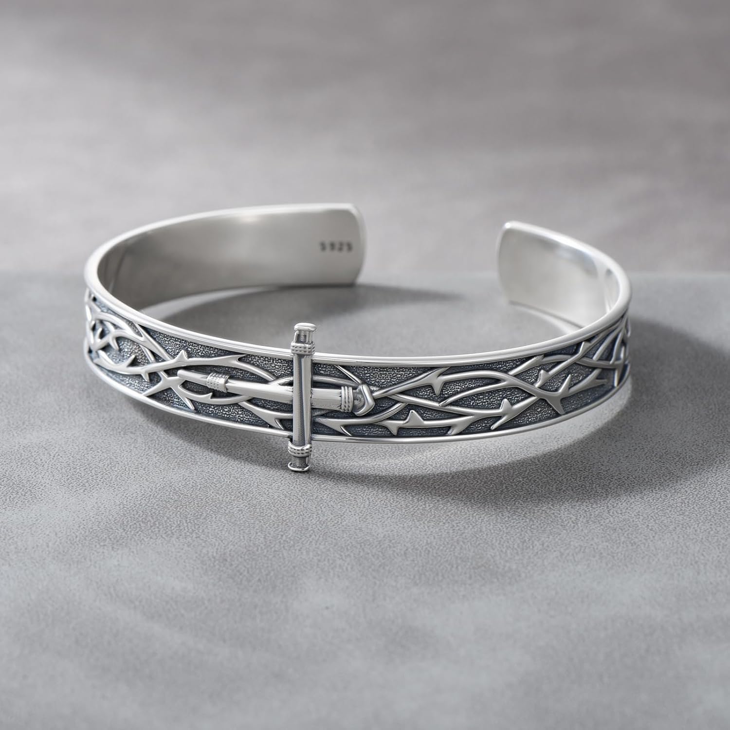Nail Cross Bangle 925 Sterling Silver 10MM Adjustable Crown of Thorn Nails Cross Cuff Bangle Bracelet Christian Jewelry for Men