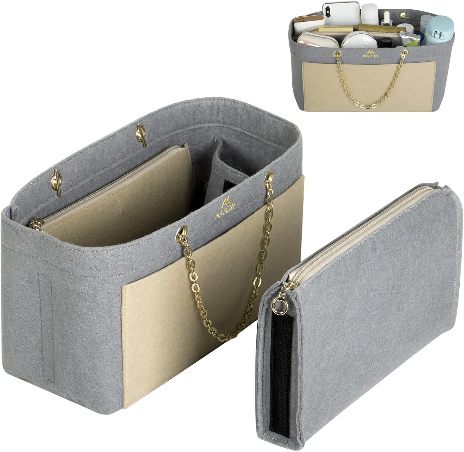 MATEIN Purse Organizer Insert, Felt Tote Insert with Handle & Detachable Zipper Wallet for Ladies Women Gifts, Medium Handbag Organizer Fit for Speedy Neverfull and More, Bag in Bag, Grey