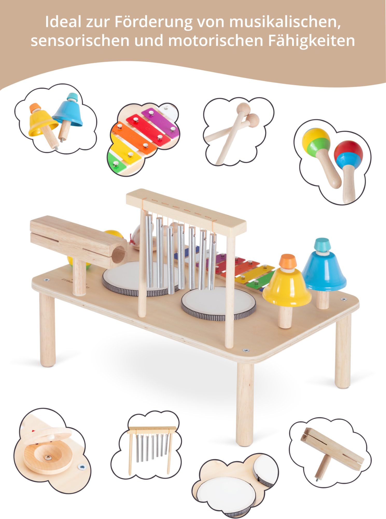 Classic Cantabile 12 in 1 Percussion Schlagzeug Musiktisch - Set für Kinder und Babys ab 1 Jahr - Montessori Kinderspielzeug - Musikinstrumente aus Holz - Für Kleinkinder mit Glockenspiel & Trommeln