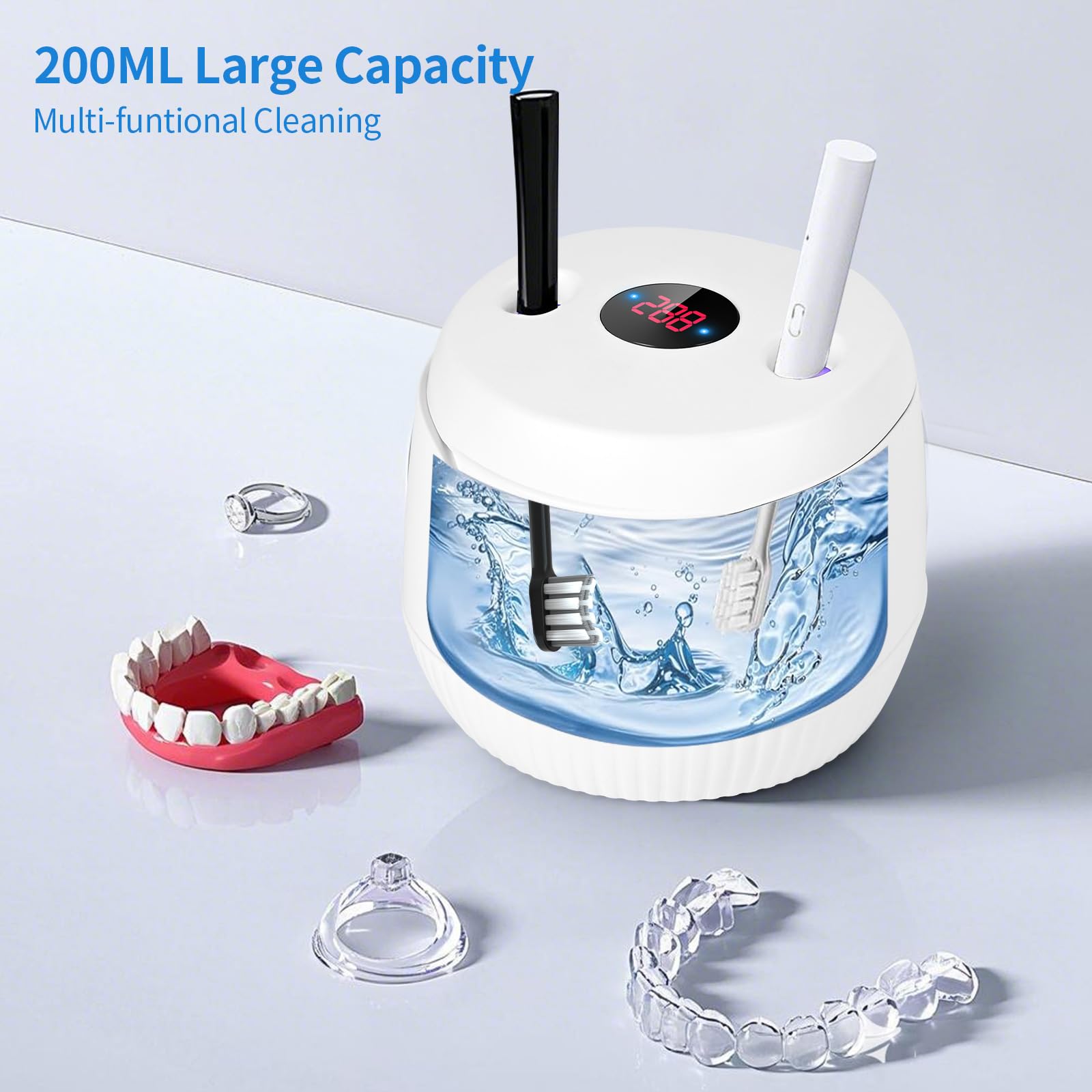 Pulitore Ultrasuoni Dentale con Luce UV, Vankarr 45000Hz 25W Portatile Dental Pod per Morsetti, Protesi, Allineatori e Ritenzioni - 4 Lampade UV-C, 200ml, Bianco