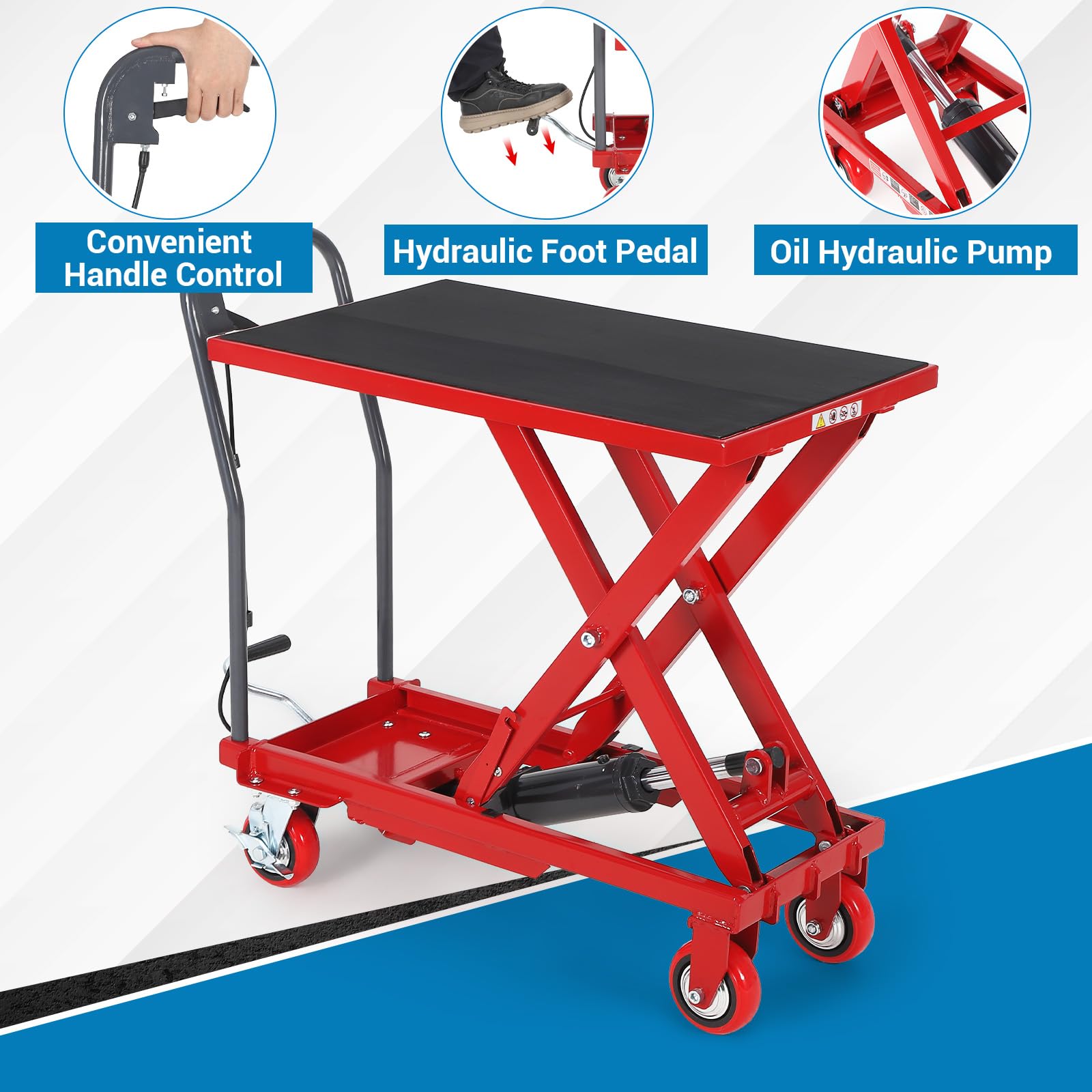 Garvee Hydraulic Lift Table Cart, 500 LBS Capacity 28.5 in Lifting Height, Single Scissor Lift Table with 4 Wheels and Non-Slip Pad for Material Handling and Transportation, Red
