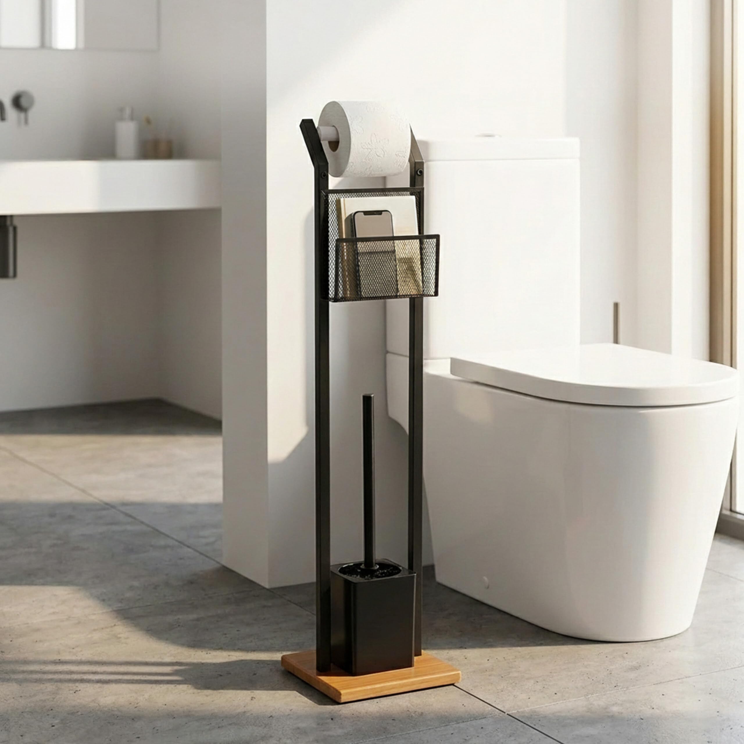 Relaxdays Ensemble WC AV. étagère, Brosse WC et dérouleur Papier, Support pour Portable, Aspect Bois, H 78 cm, Noir