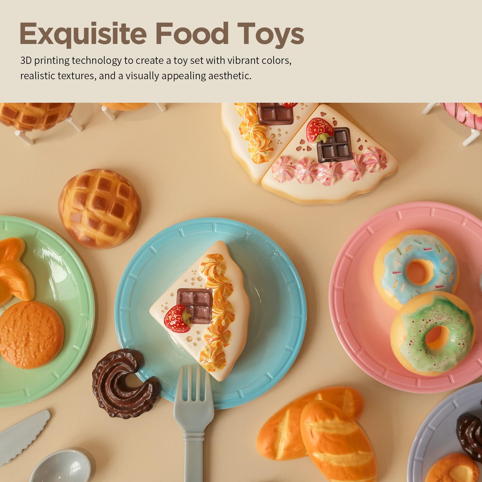 Comida de juguete para niños pequeños, juguetes de simulación para niños pequeños con pasteles de postre y accesorios de cocina, juego educativo y educativo de fiesta de té para niñas de 3 5