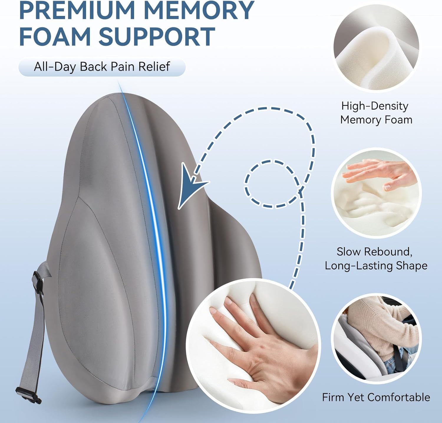 Large Lumbar Support Pillow for Office Chair, Ergonomic Low Back Support Promotes Back Pain Relief, Memory Foam Lumbar Pillow Cushion for Car, Sofa, Adjustable Strap Breathable Cover, Grey